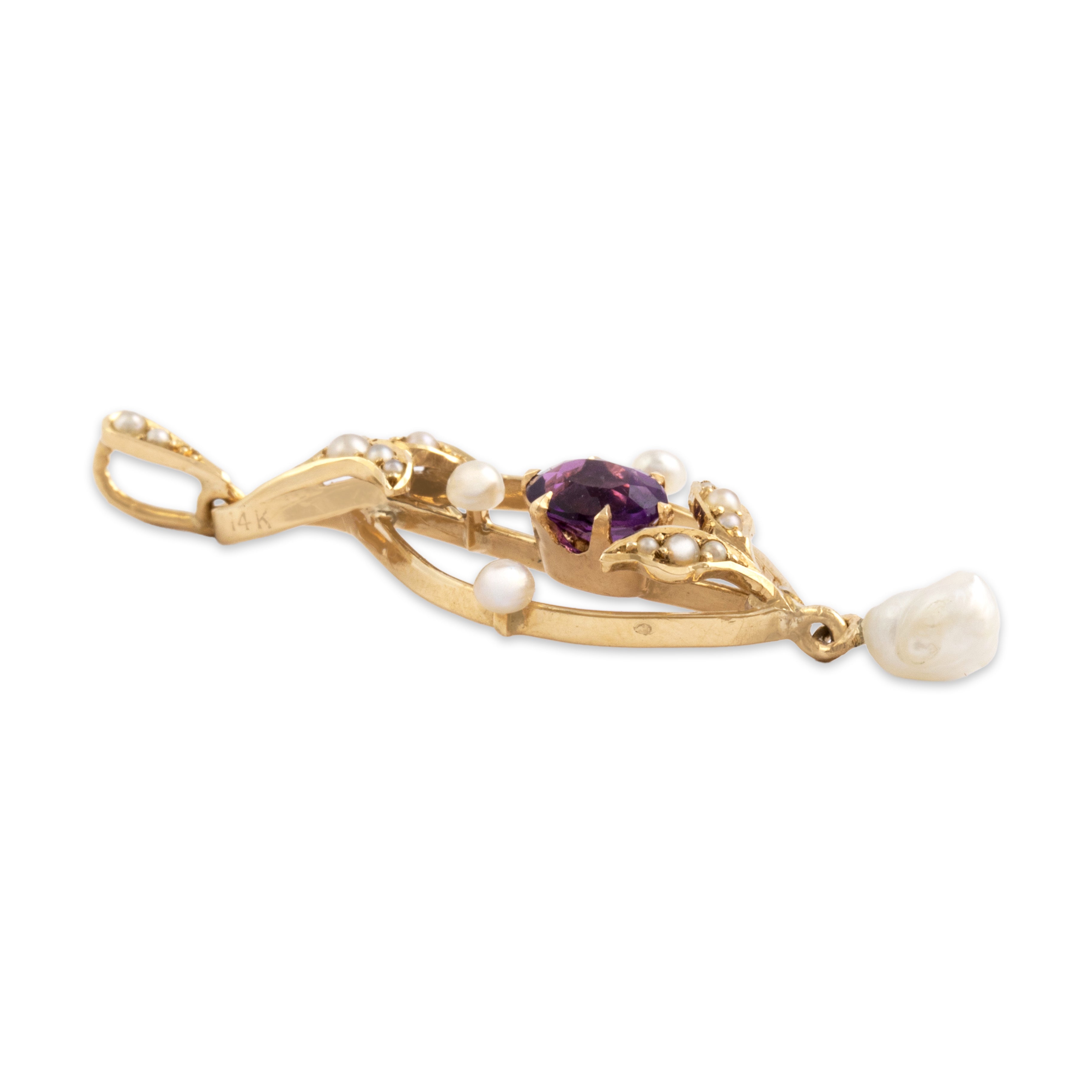 Antique 14k Yellow Gold Amethyst Baroque Pearl Lovely Leafy Purple Lavalier Pendant - Side view