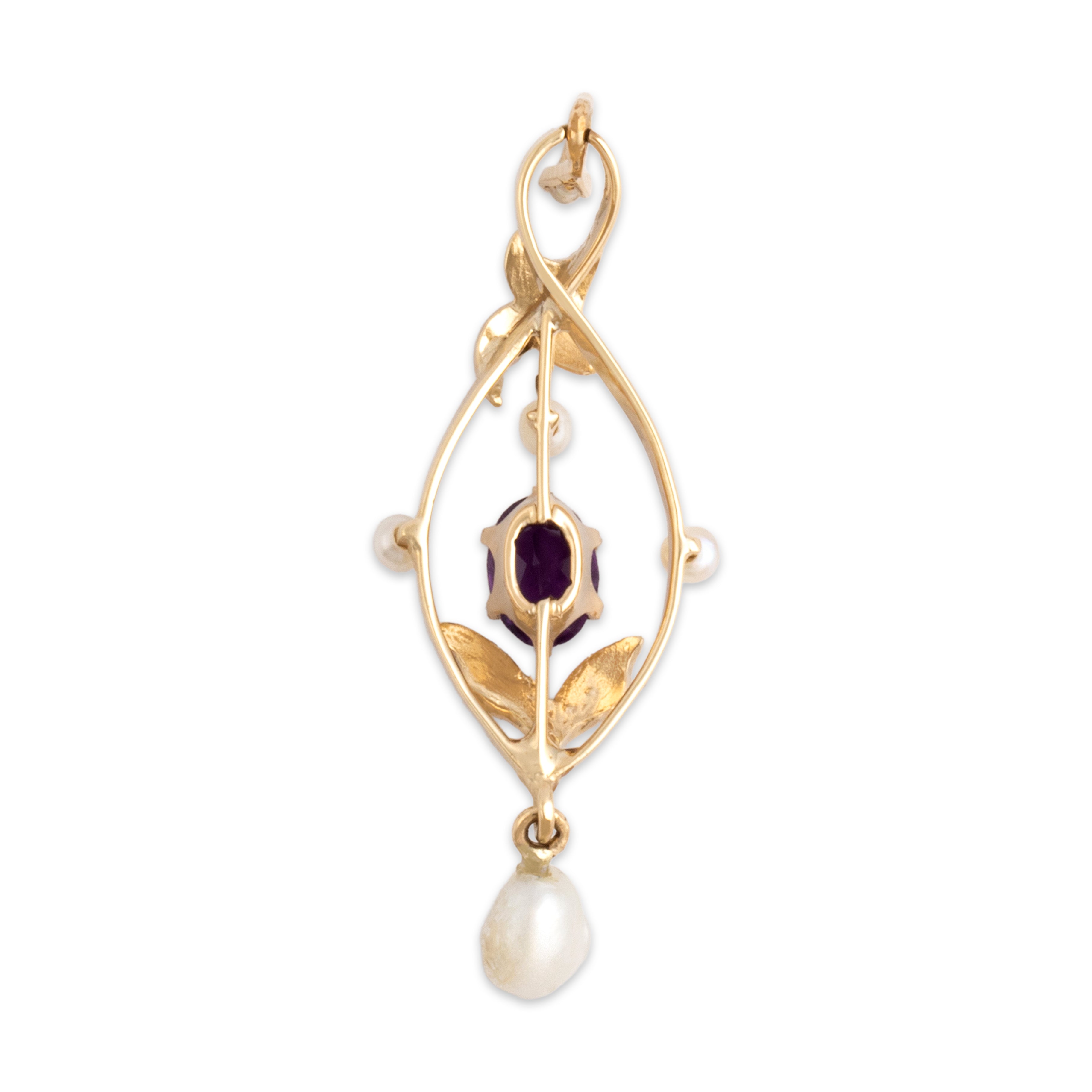 Antique 14k Yellow Gold Amethyst Baroque Pearl Lovely Leafy Purple Lavalier Pendant - Back view