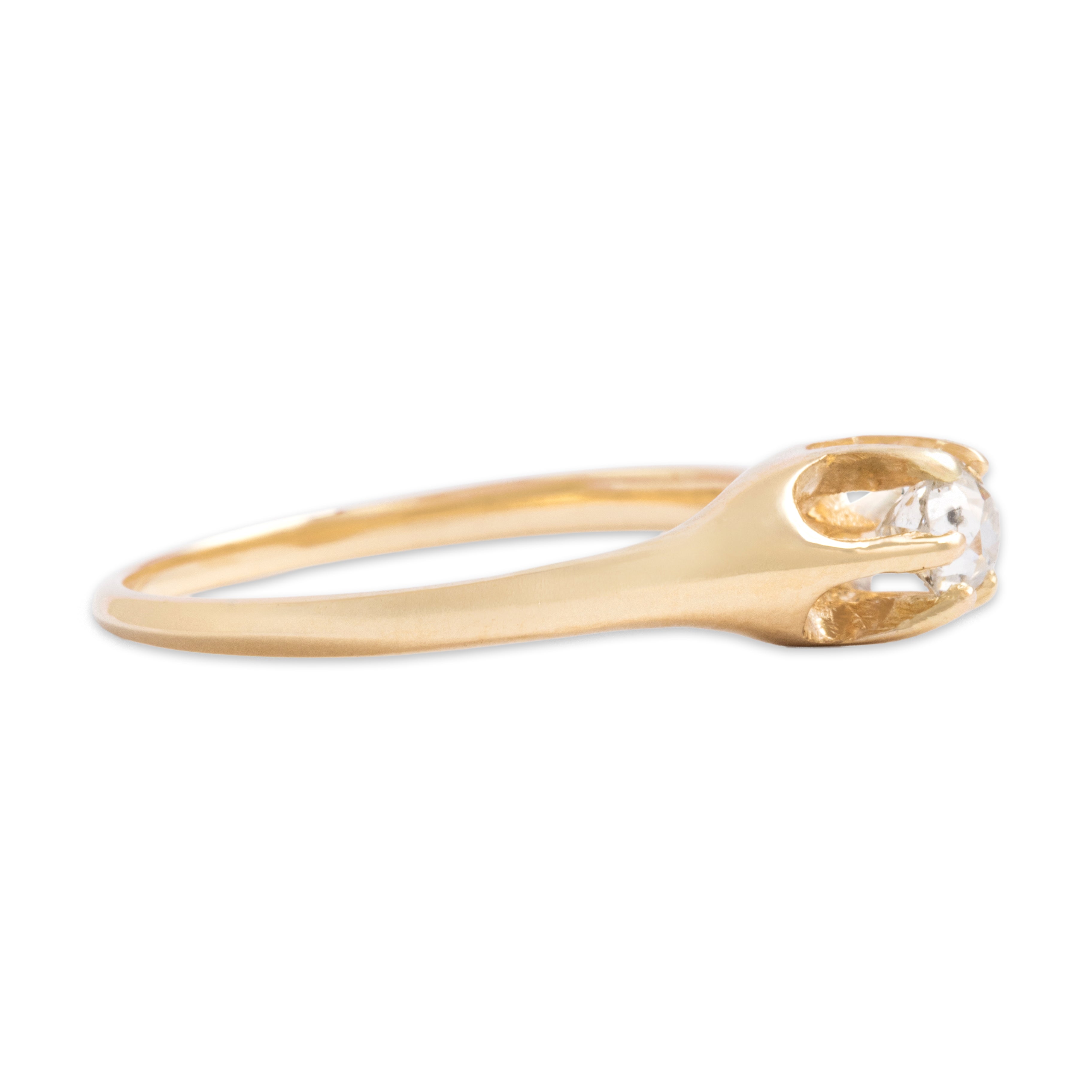 Antique Victorian 14k Yellow Gold Old Mine Cut Diamond Sleek Dainty Belcher-Set Solitaire Ring - Side view