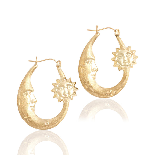 Vintage 10k Yellow Gold Brushed Celestial Sun & Moon Hoop Earrings