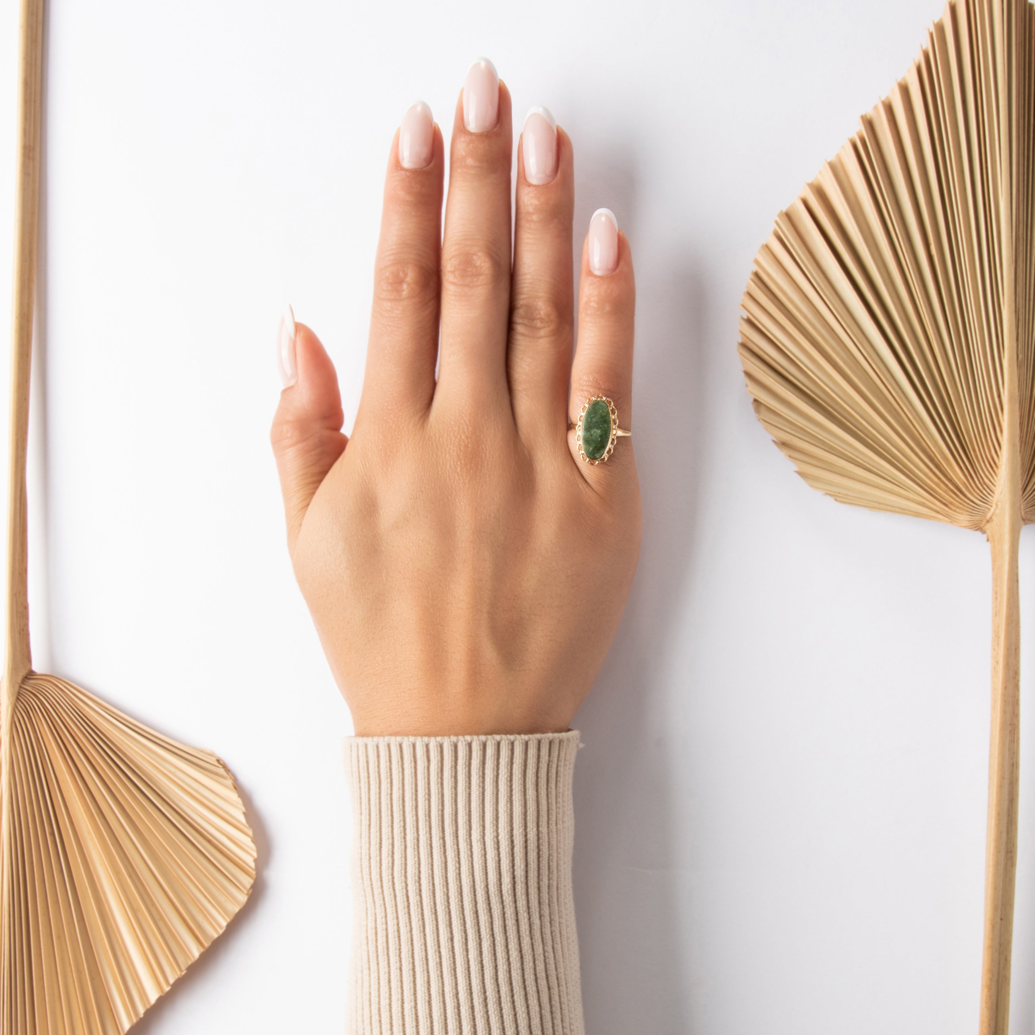 Vintage 10k Yellow Gold 2.58ct Spinach Jade Dainty Ruffled Oval Ring - On model view