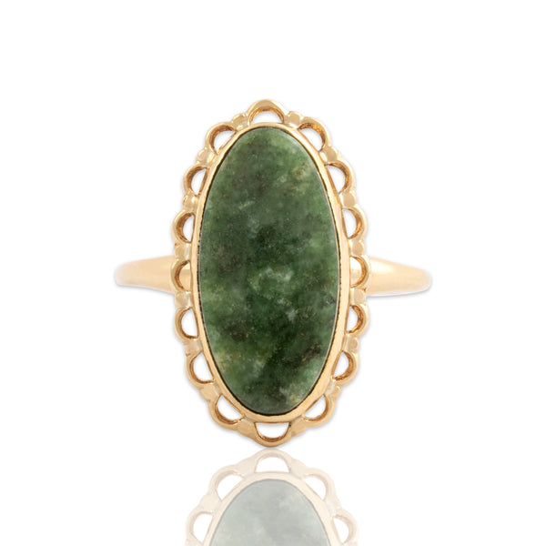 Vintage 10k Yellow Gold 2.58ct Spinach Jade Dainty Ruffled Oval Ring 5.50