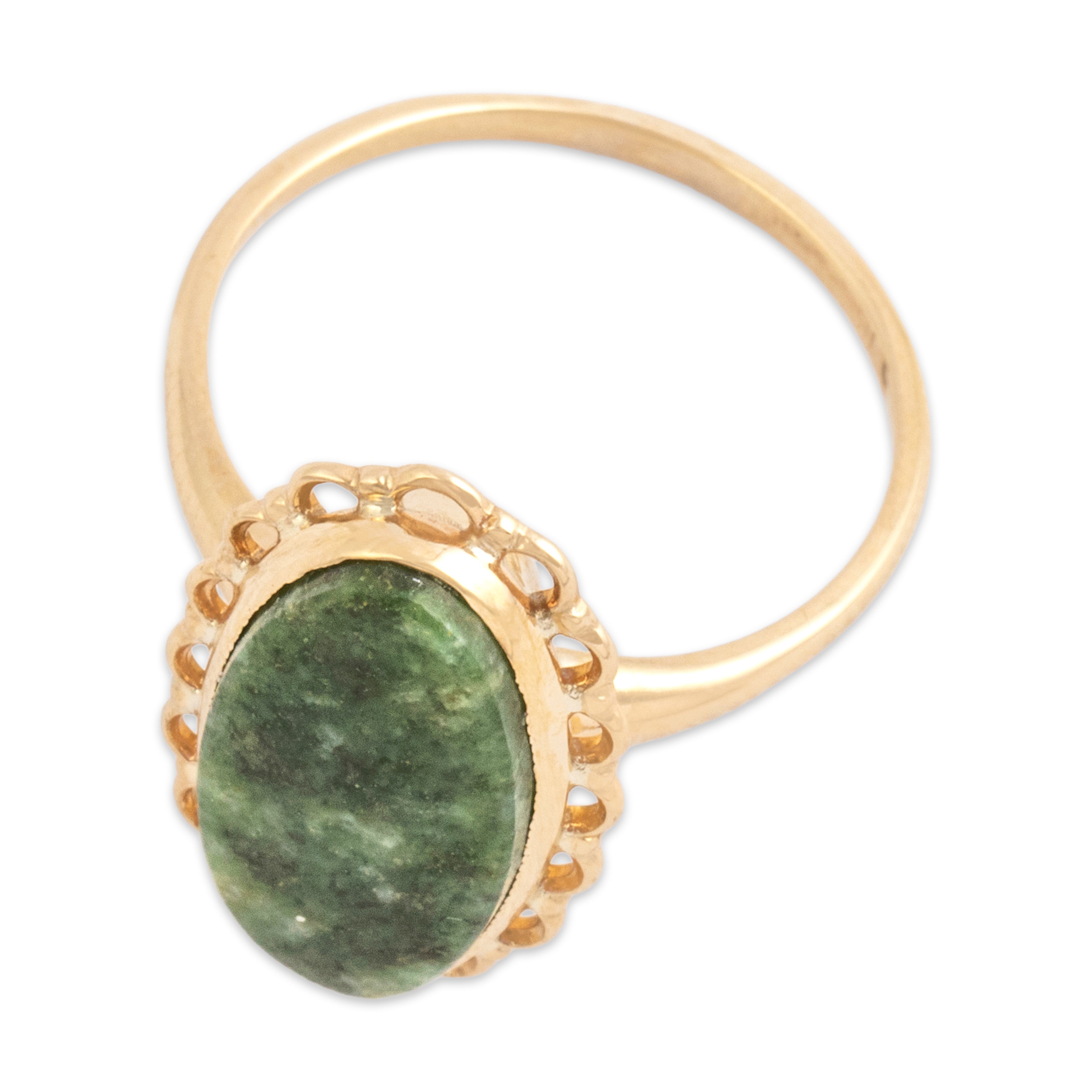 Vintage 10k Yellow Gold 2.58ct Spinach Jade Dainty Ruffled Oval Ring 5.50