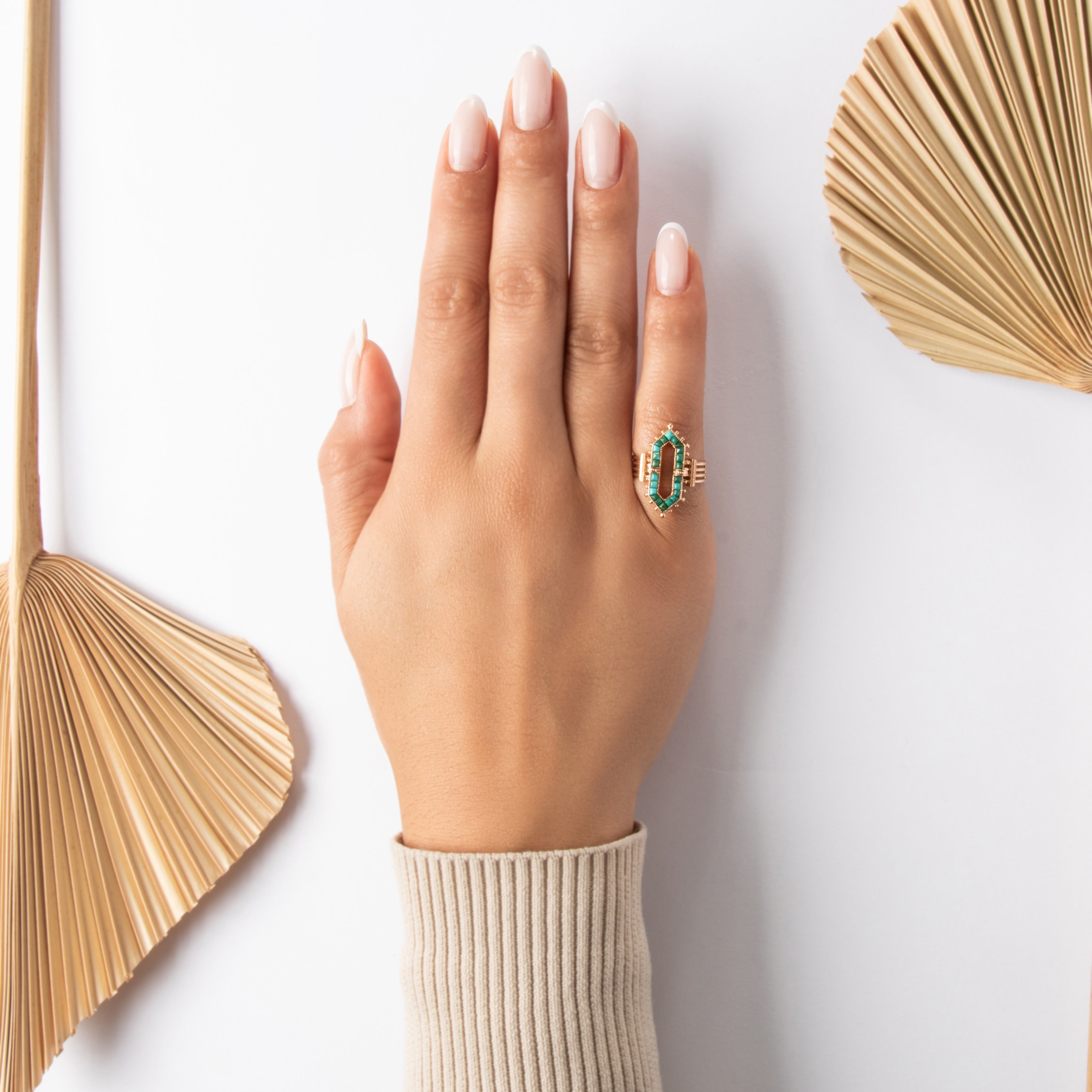 Antique Victorian 12k Rosy Yellow Gold Turquoise Accented Geometric Open Elongated Hexagon Ring - On model view
