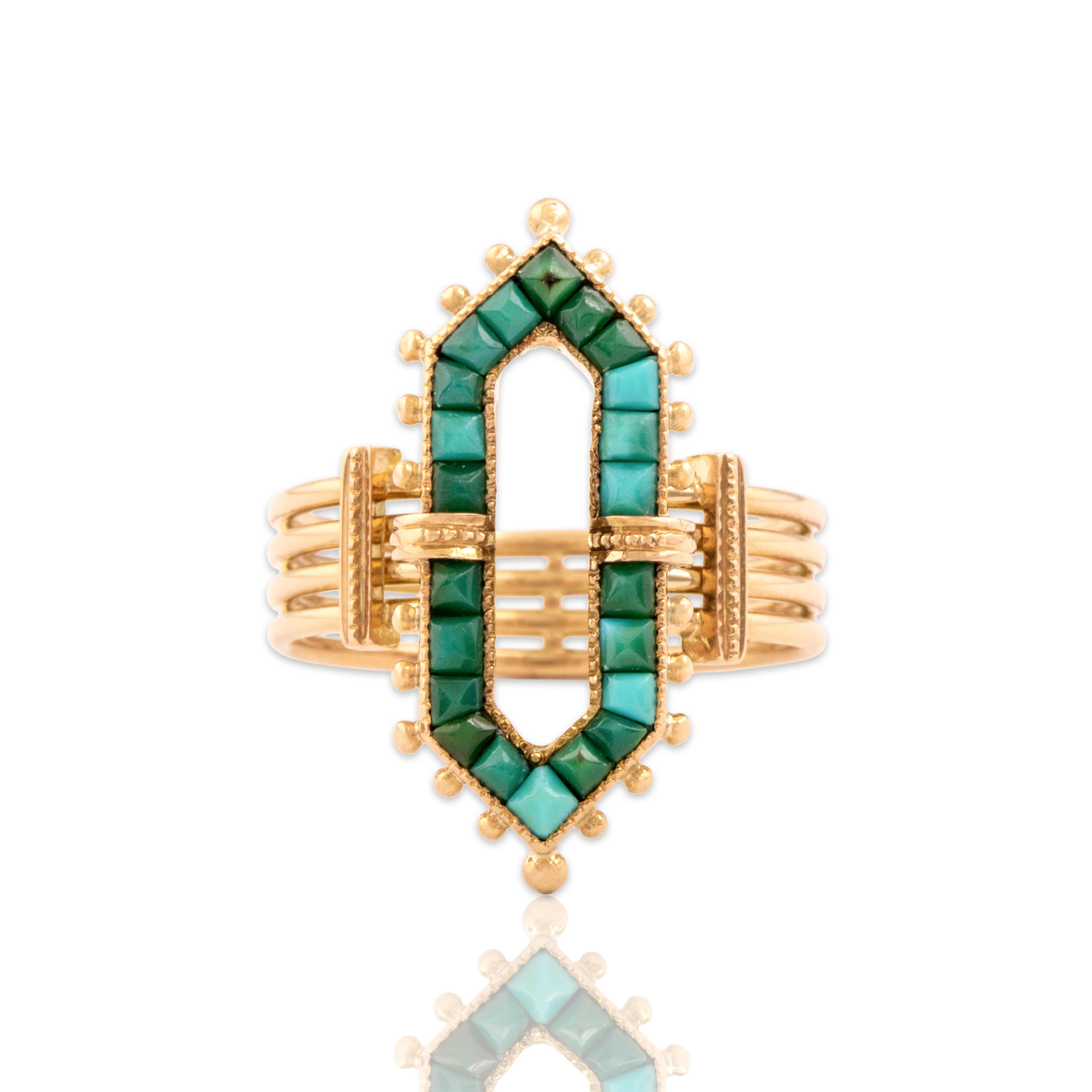Antique Victorian 12k Rosy Yellow Gold Turquoise Open Elongated Hexagon Ring 6.00