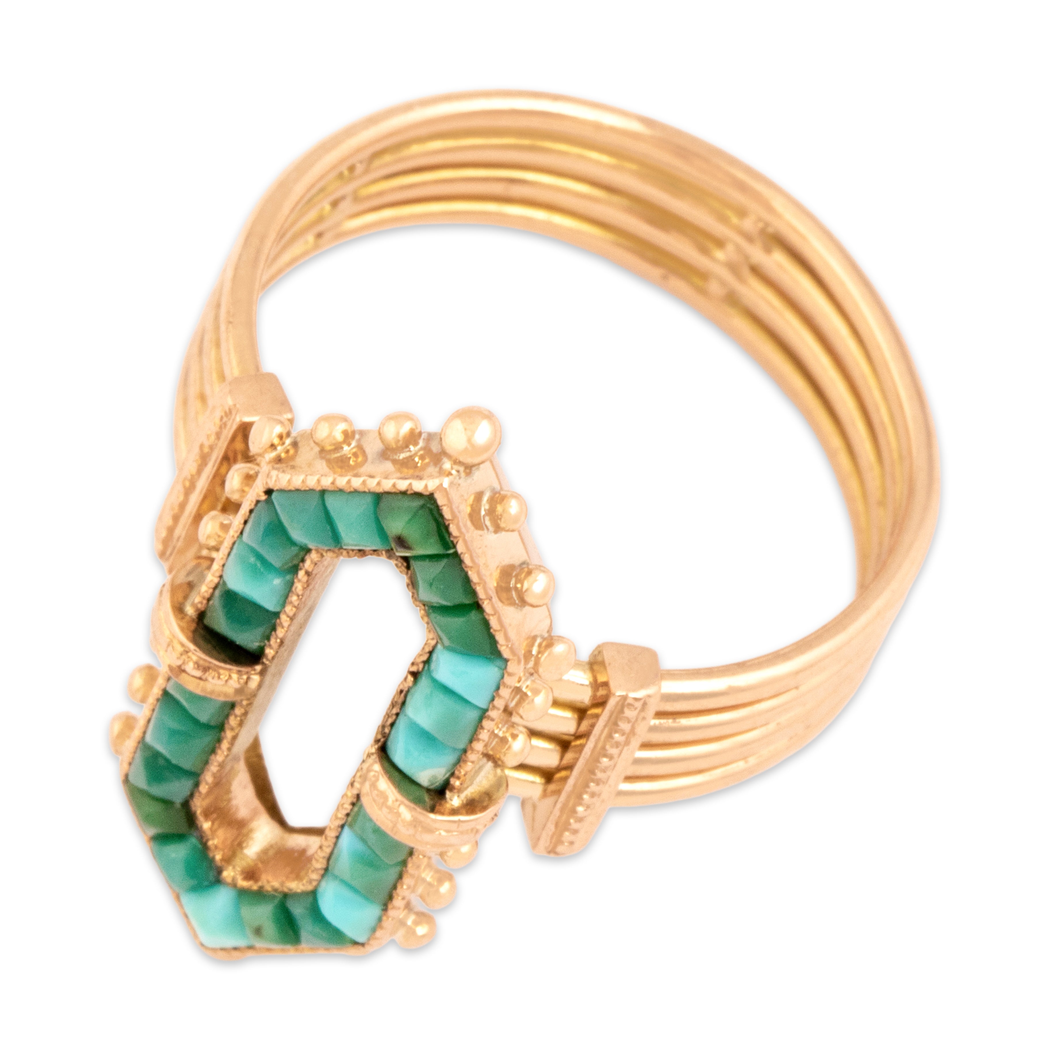 Antique Victorian 12k Rosy Yellow Gold Turquoise Open Elongated Hexagon Ring 6.00