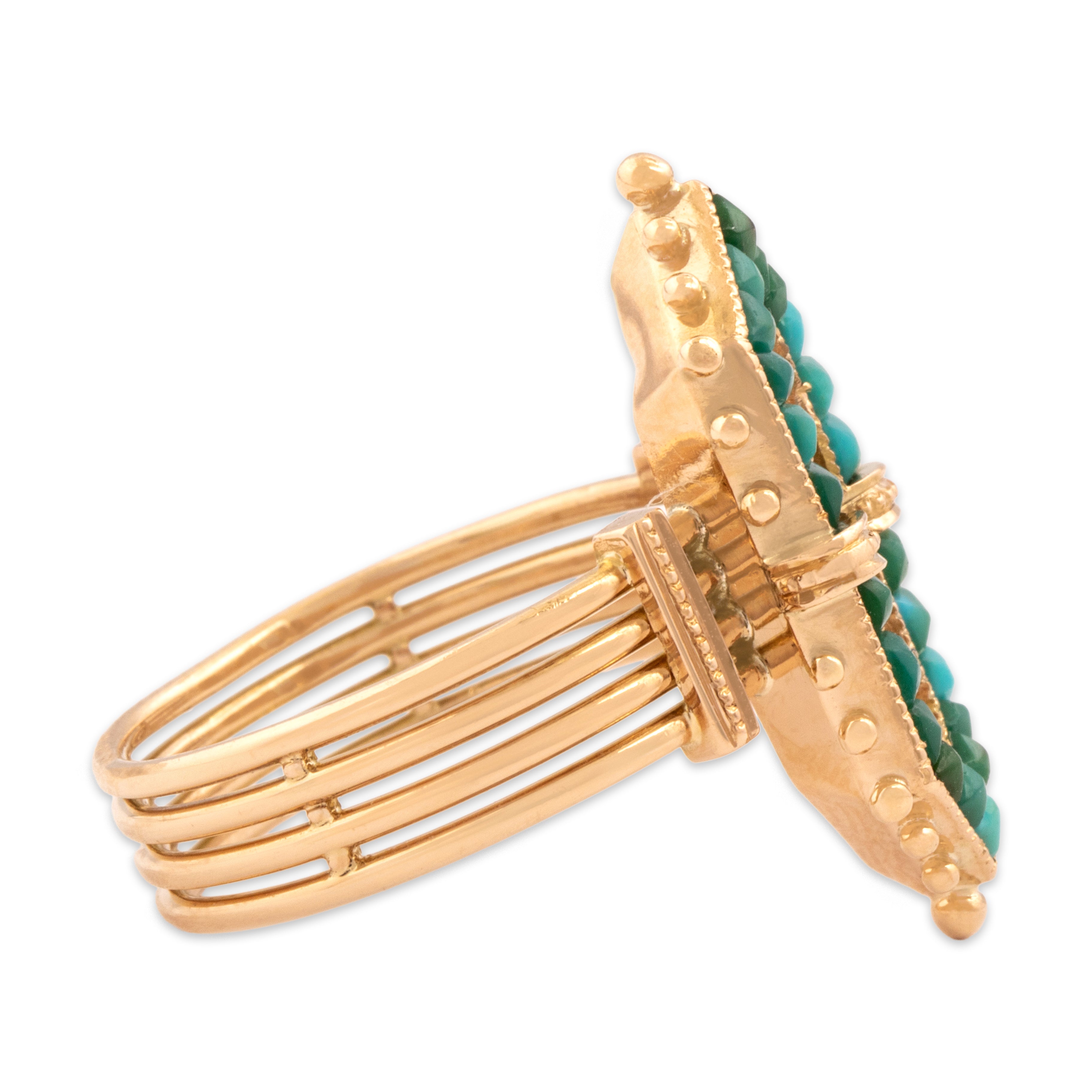 Antique Victorian 12k Rosy Yellow Gold Turquoise Accented Geometric Open Elongated Hexagon Ring - Side view