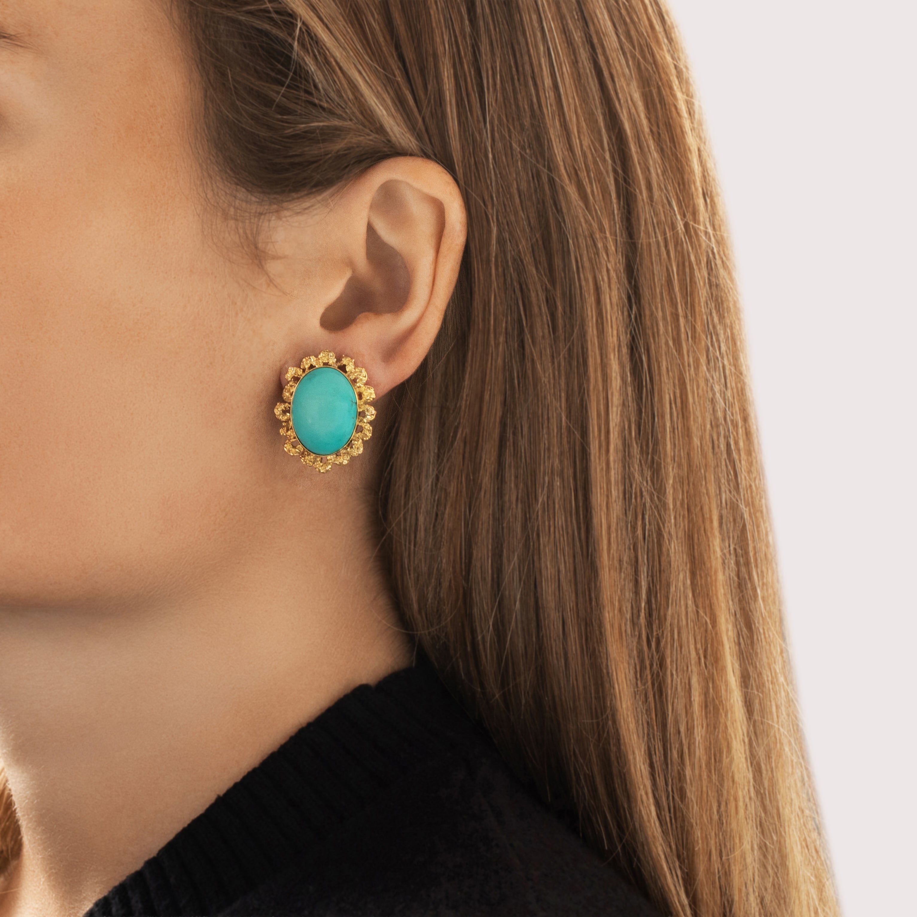 Vintage Large 12k Yellow Gold 25.88cttw Turquoise Brutalist Loop Framed Cabochon Omega-Back Earrings - On model view