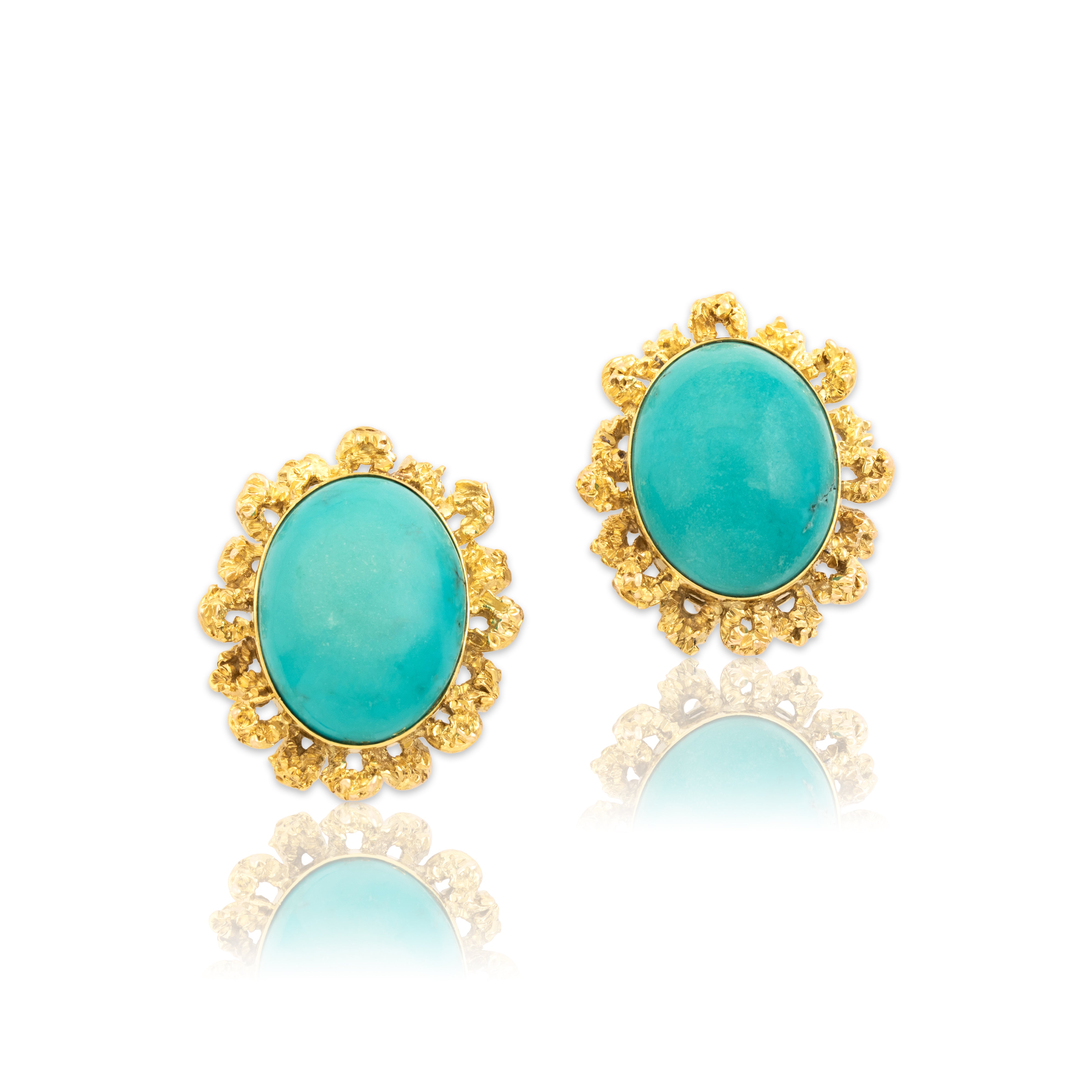 Vintage Large 12k Yellow Gold 25.88cttw Turquoise Brutalist Loop Framed Cabochon Omega-Back Earrings - Close-up view