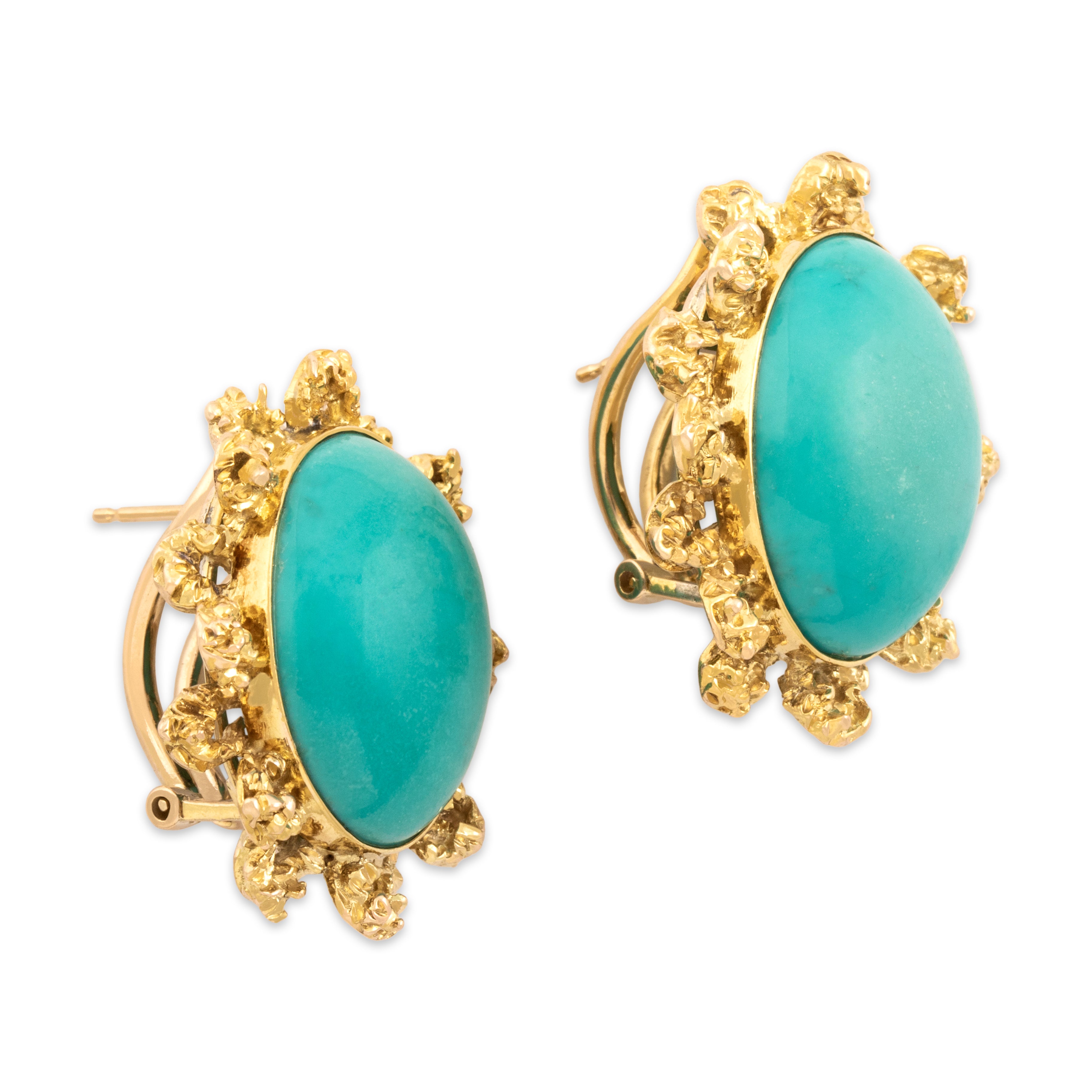 Vintage Large 12k Yellow Gold 25.88cttw Turquoise Brutalist Loop Framed Cabochon Omega-Back Earrings - Side view