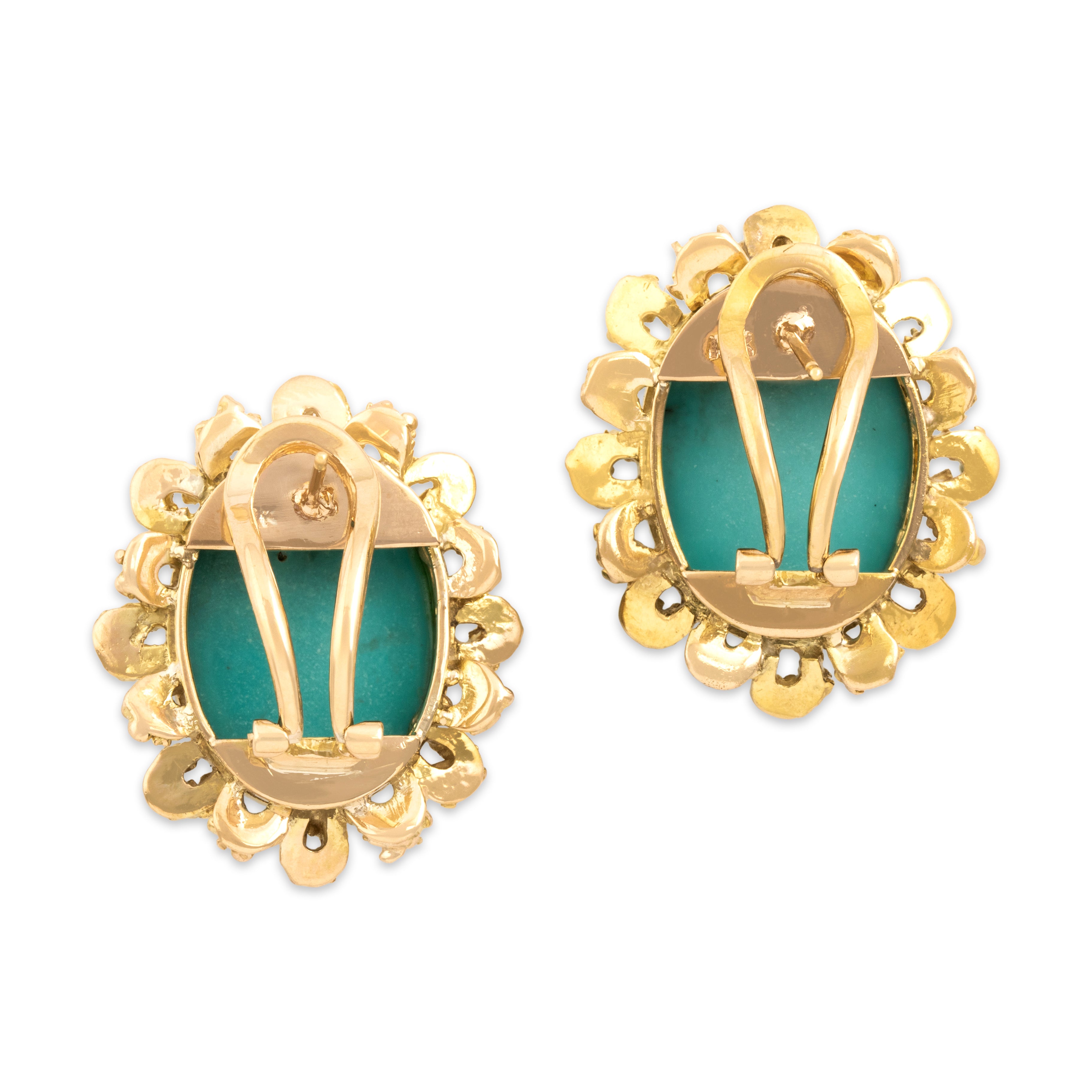 Vintage Large 12k Yellow Gold 25.88cttw Turquoise Brutalist Loop Framed Cabochon Omega-Back Earrings - Back view