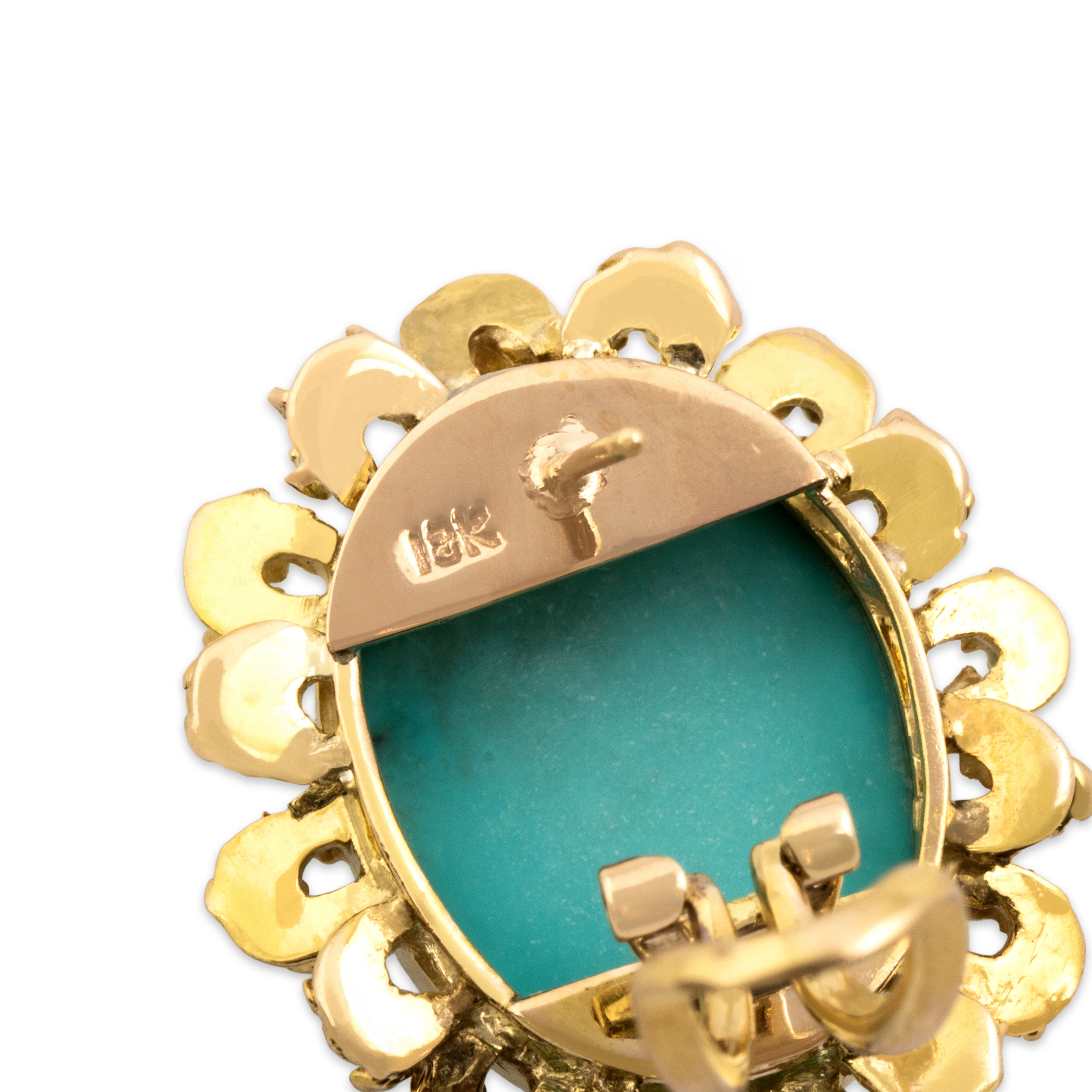 Vintage Large 12k Yellow Gold 25.88cttw Turquoise Brutalist Loop Framed Cabochon Omega-Back Earrings - Hallmark view