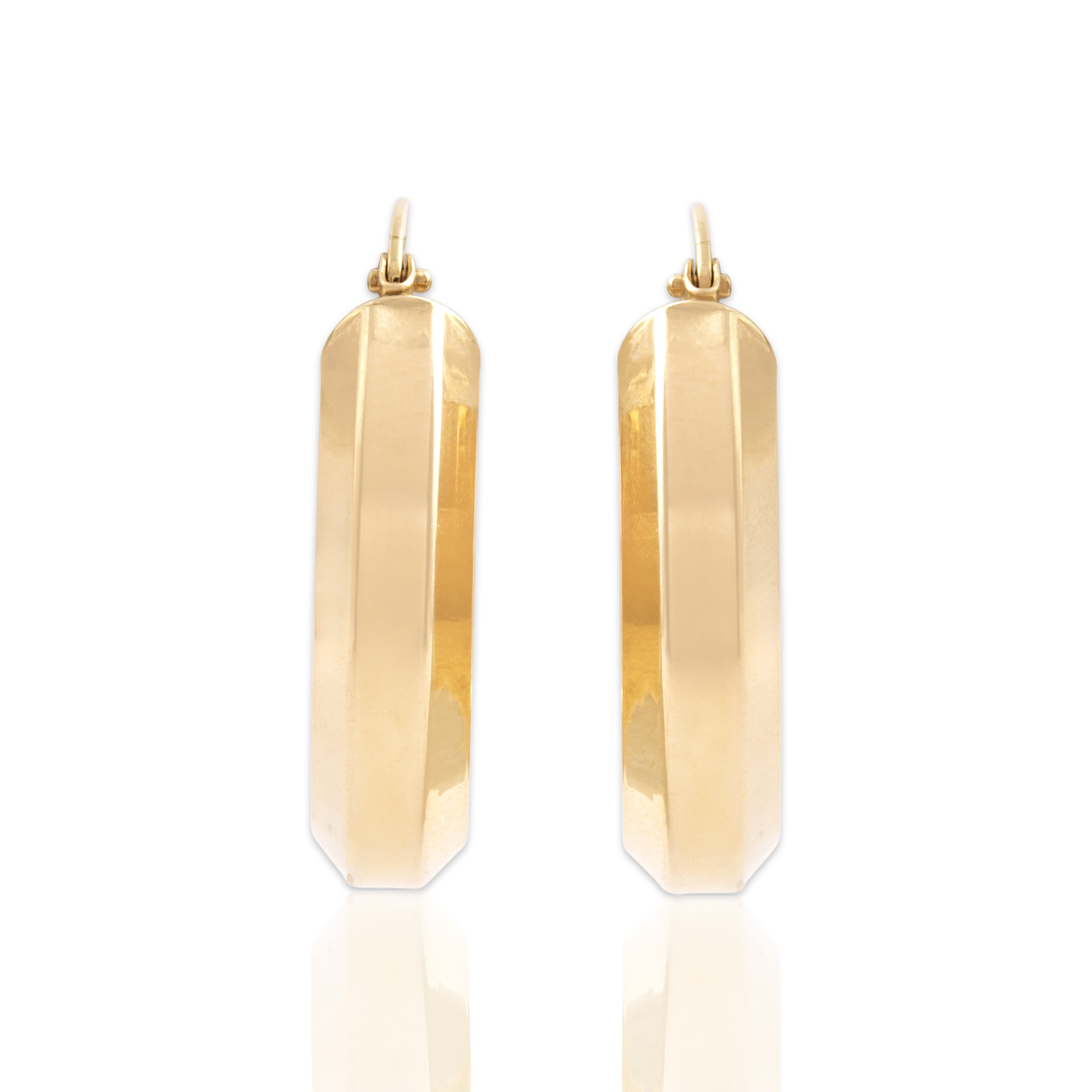 Vintage Italian 14k Yellow Gold Oblong Hexagonal Tube Hoop Earrings - Close-up view