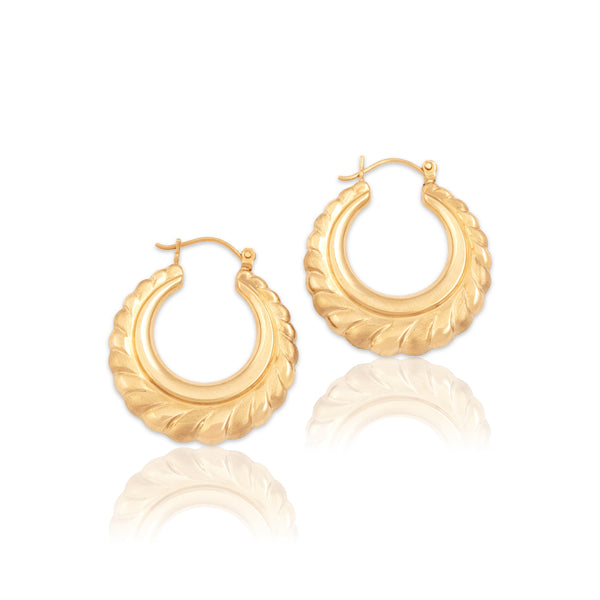 Vintage 14k Yellow Gold Brushed Banded Hoop Earrings