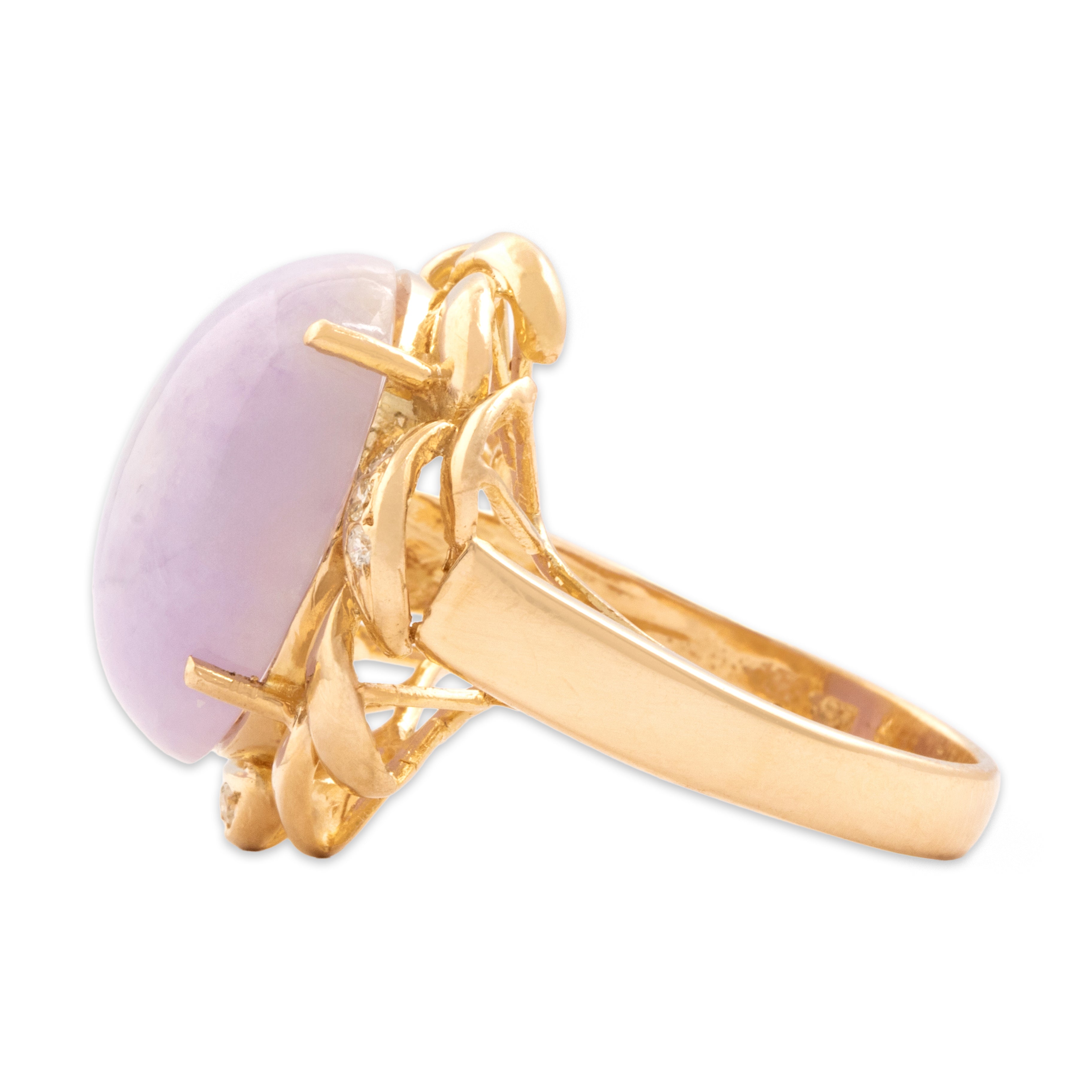 Vintage 14k Yellow Gold 9.62ct Lavender Jade Diamond Bold Ribbon Framed Cabochon Cocktail Ring - Side view