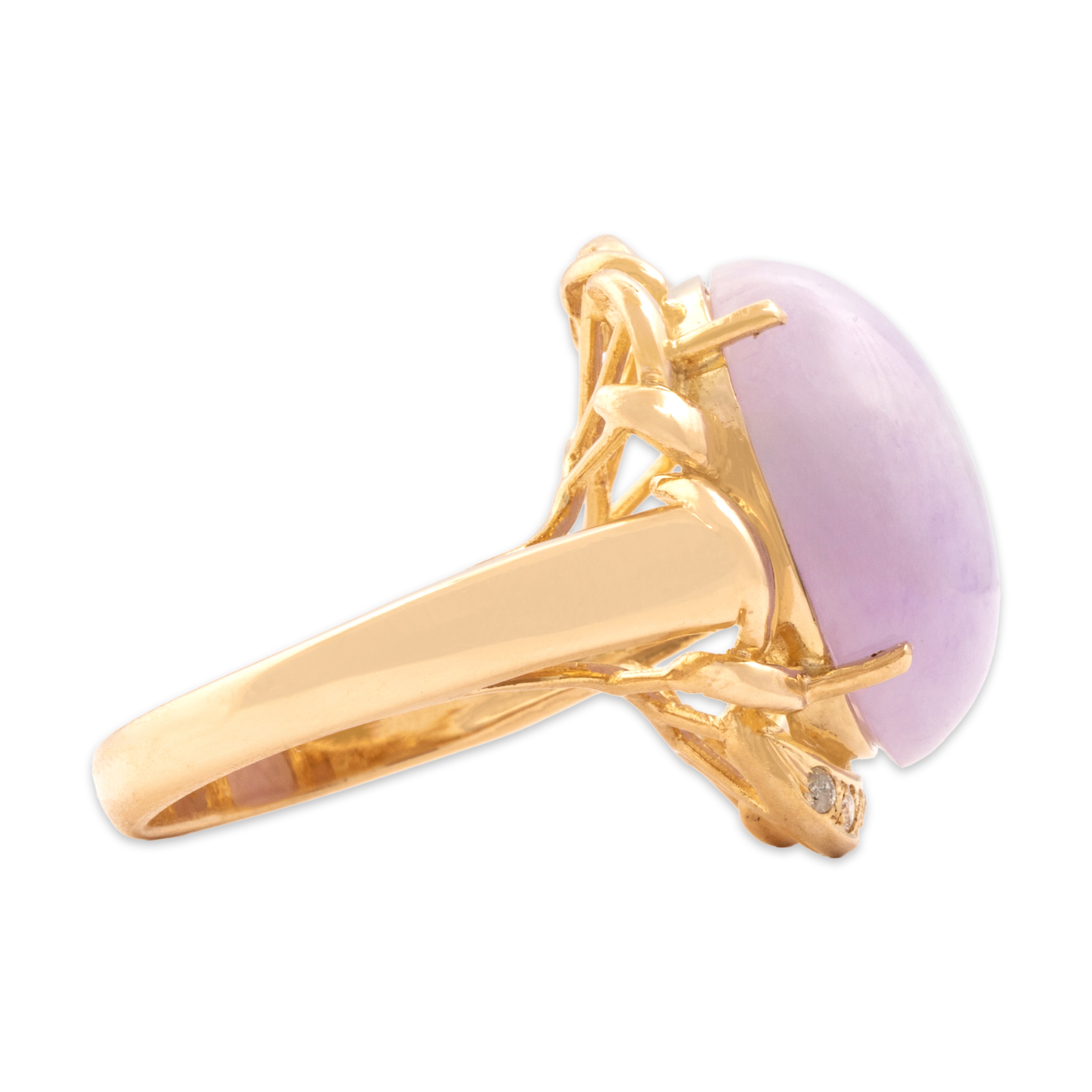 Vintage 14k Yellow Gold 9.62ct Lavender Jade Diamond Bold Ribbon Framed Cabochon Cocktail Ring - Side view