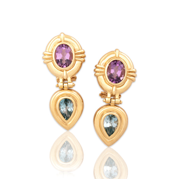 Vintage 14k Yellow Gold 2.68cttw Amethyst 2.45cttw Blue Topaz Hinged Earrings