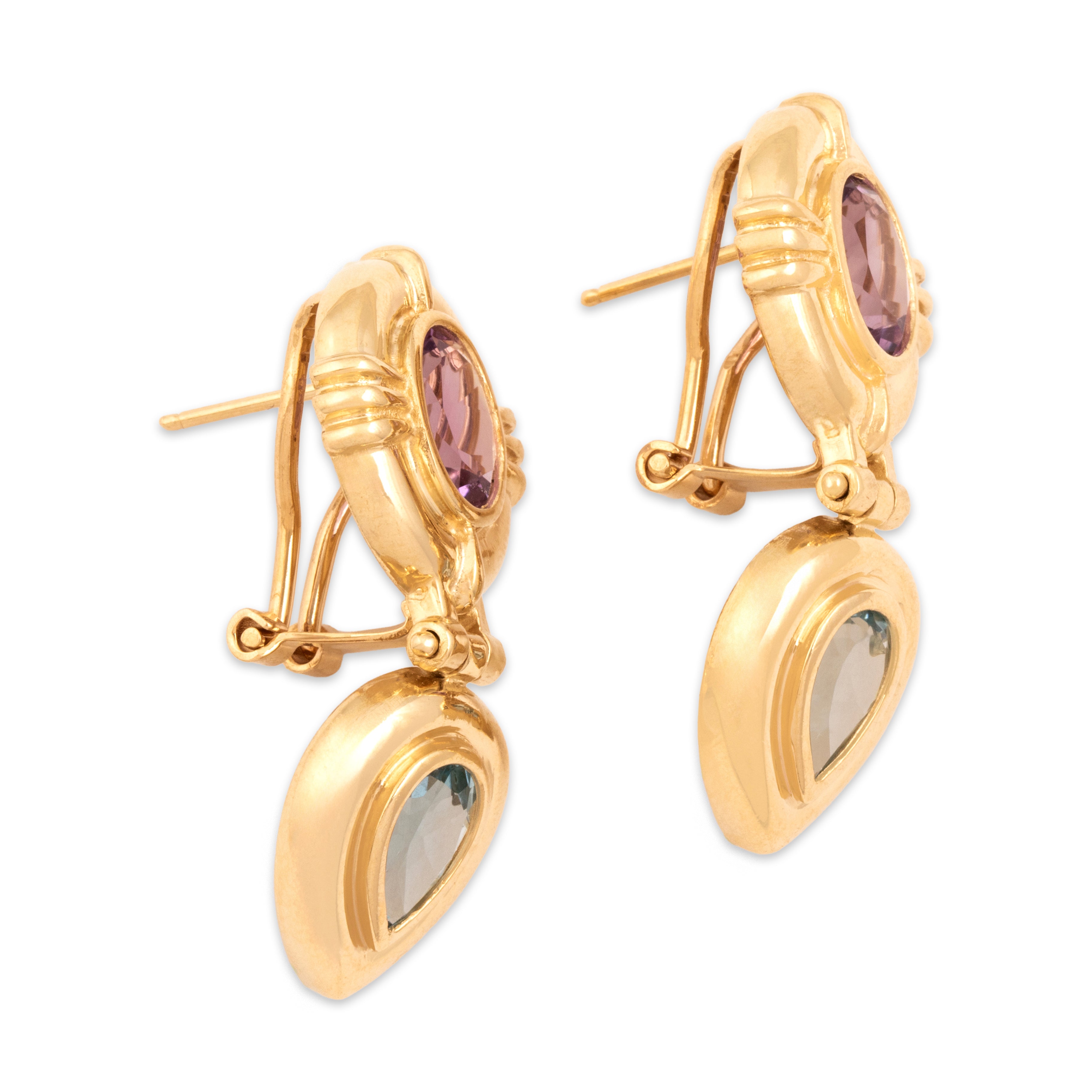 Vintage 14k Yellow Gold 2.68cttw Amethyst 2.45cttw Blue Topaz Gleaming Bezel-Set Hinged Dangle Earrings - Side view