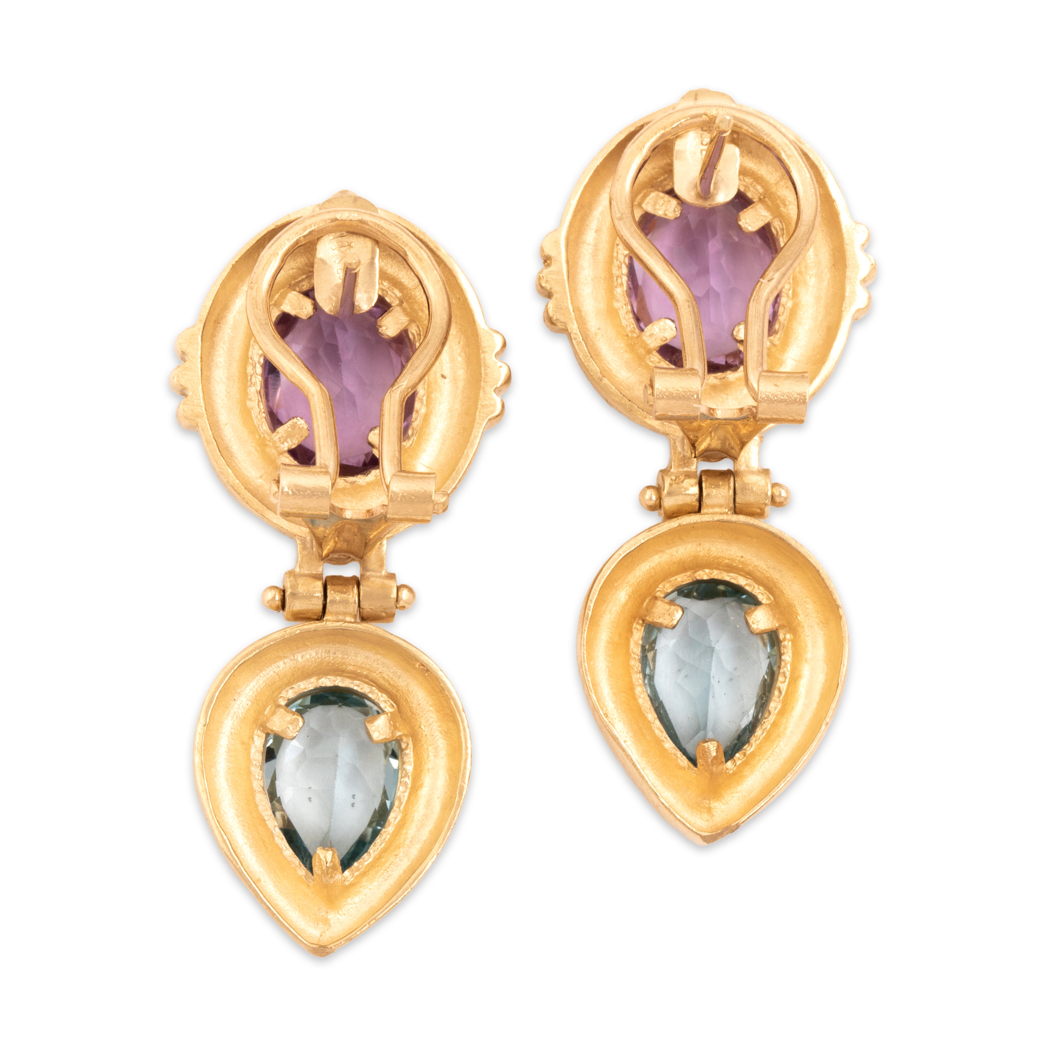 Vintage 14k Yellow Gold 2.68cttw Amethyst 2.45cttw Blue Topaz Gleaming Bezel-Set Hinged Dangle Earrings - Back view