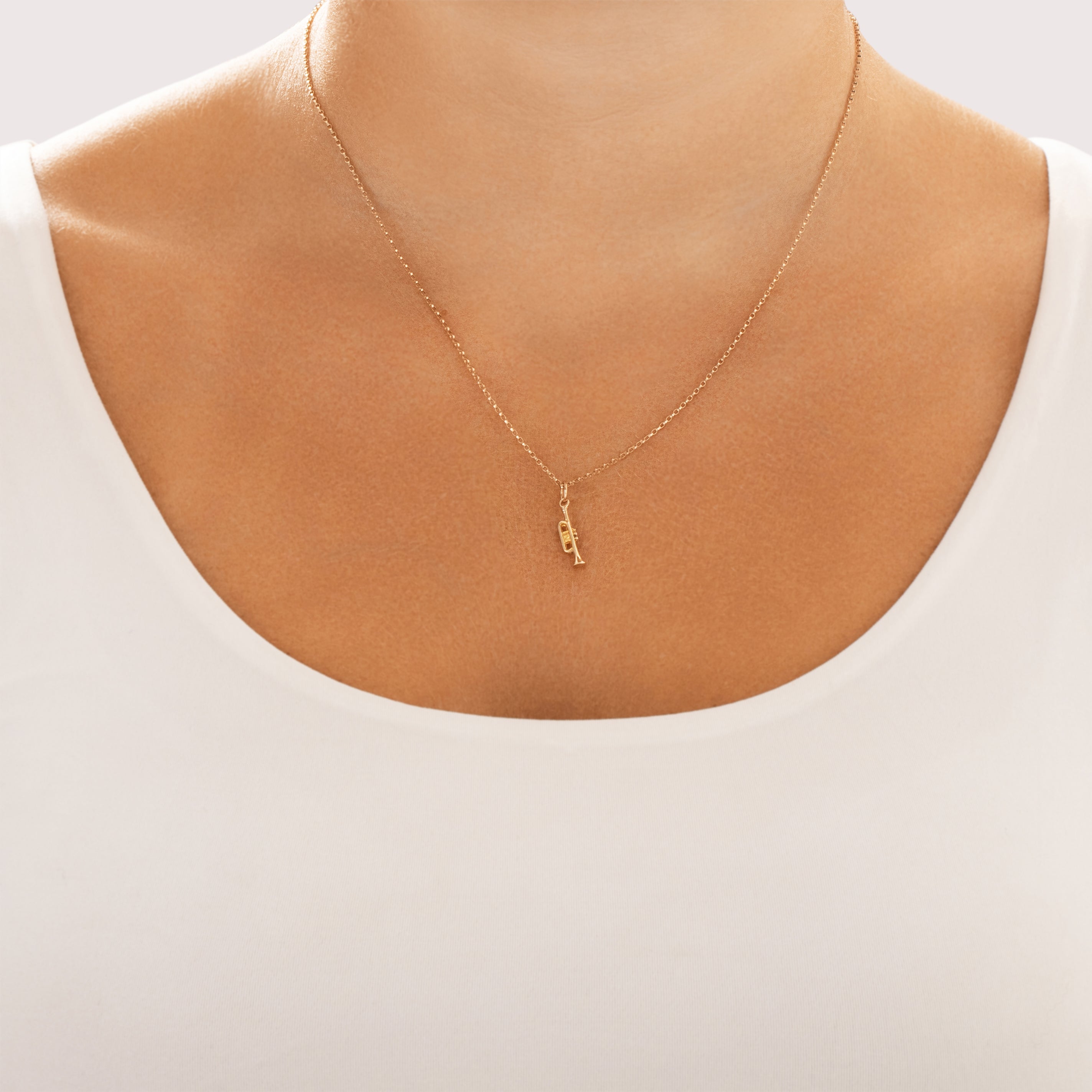 Vintage 9k Yellow Gold Musical Trumpet Charm / Pendant - On model view