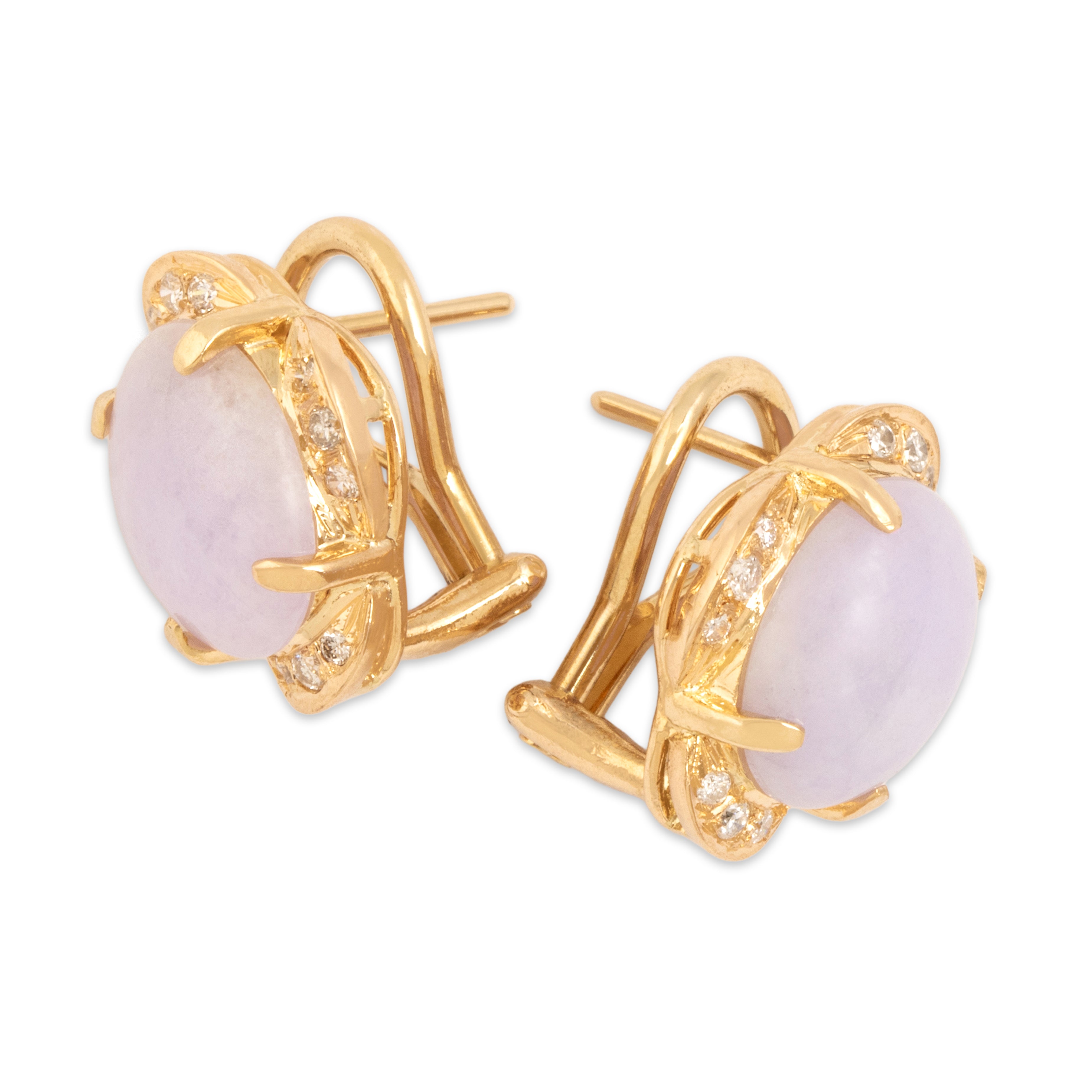 Vintage 14k Yellow Gold 5.61cttw Lavender Jade Diamond Scallop-Edge Cabochon Omega-Back Earrings - Side view