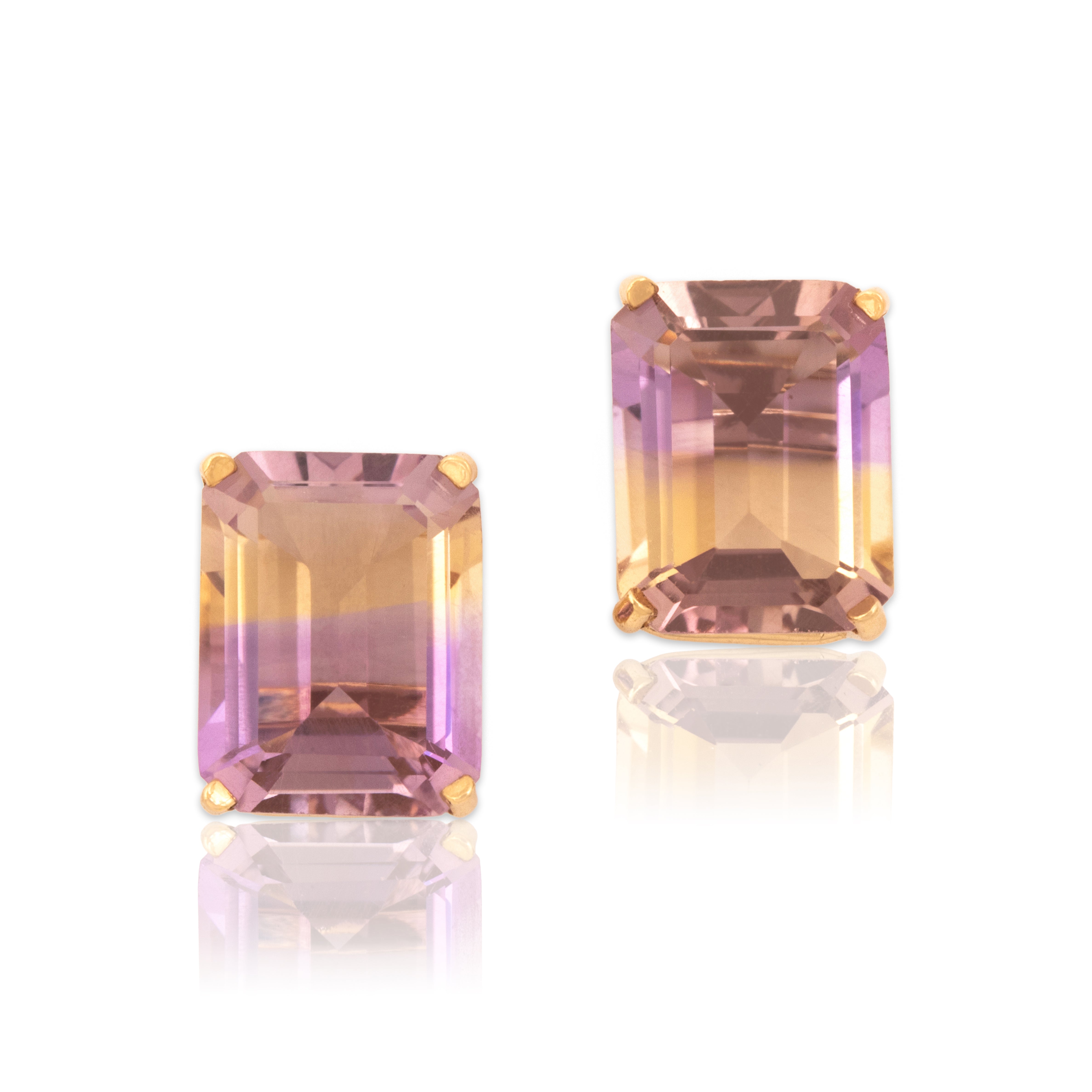 Vintage 14k Yellow Gold 3.33cttw Ametrine Fabulous Emerald-Cut Solitaire Stud Earrings - Close-up view