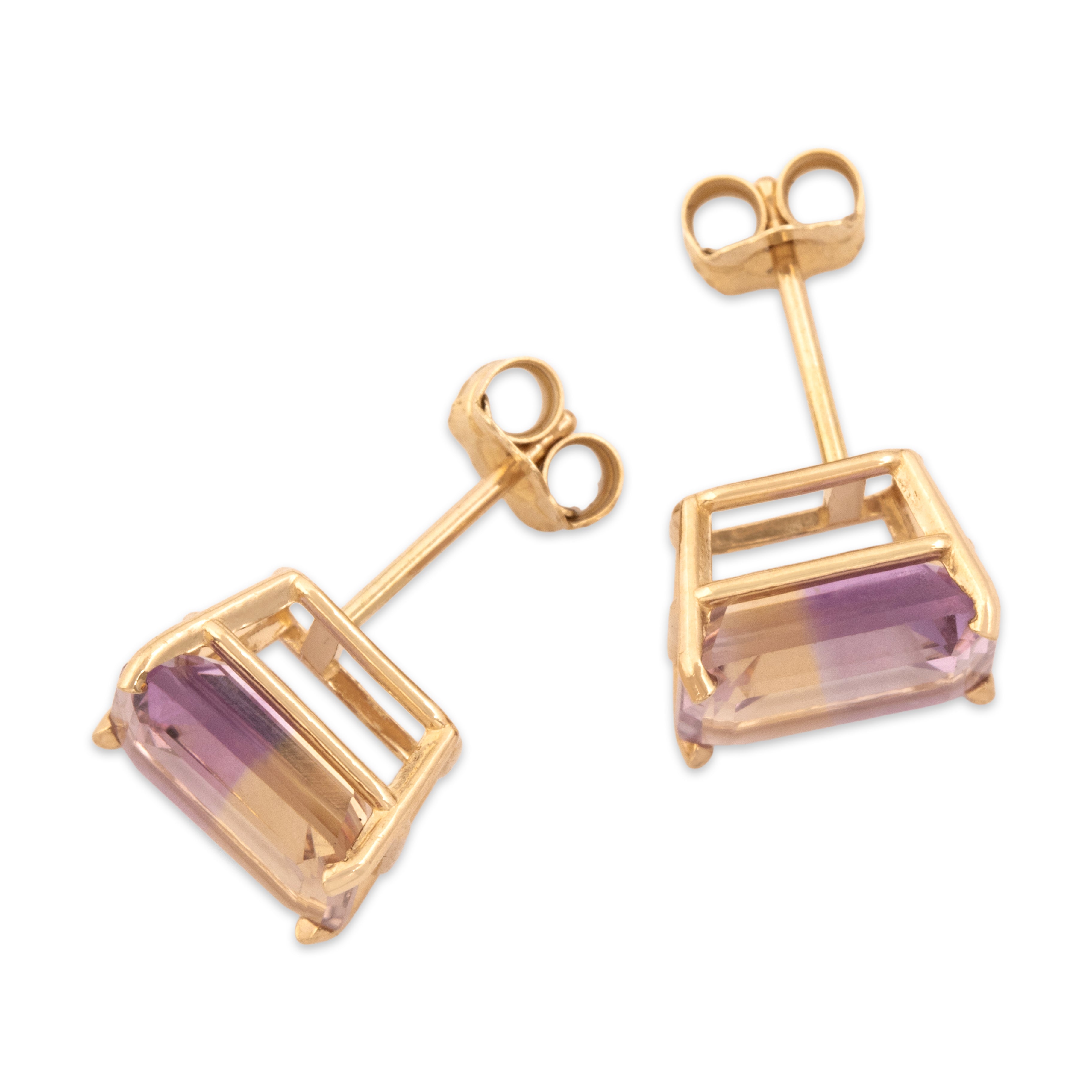 Vintage 14k Yellow Gold 3.33cttw Ametrine Fabulous Emerald-Cut Solitaire Stud Earrings - Overall view