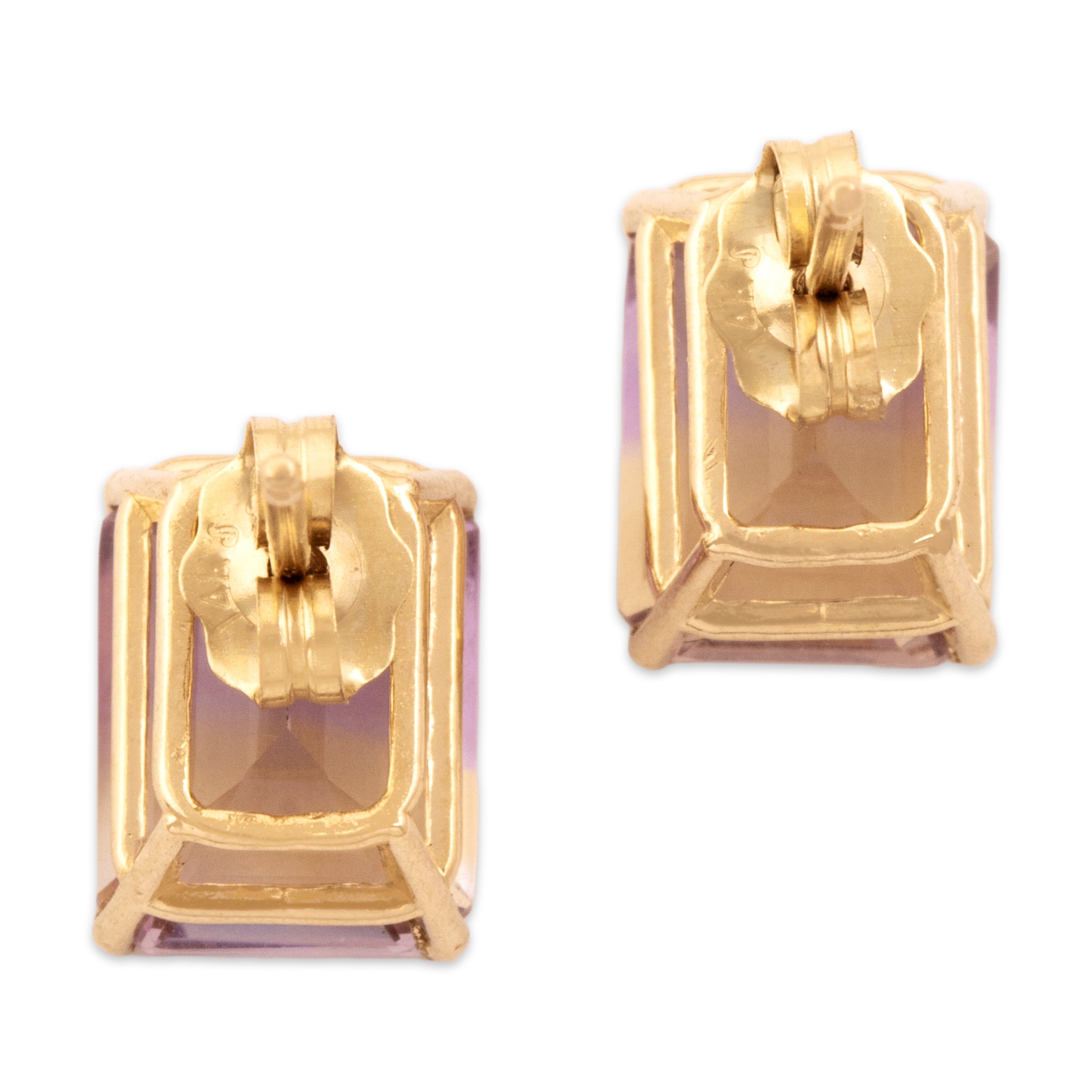 Vintage 14k Yellow Gold 3.33cttw Ametrine Fabulous Emerald-Cut Solitaire Stud Earrings - Back view