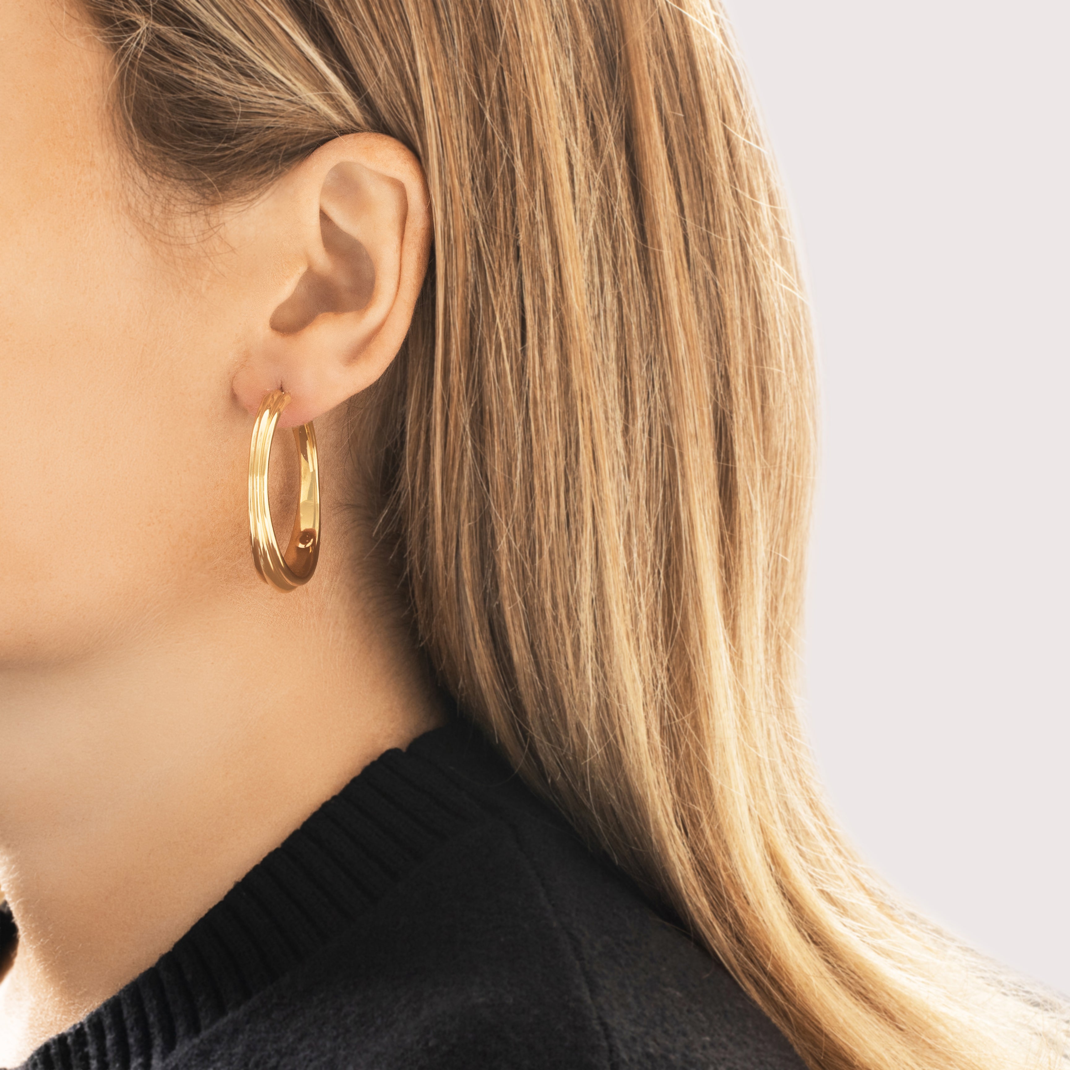 Vintage Large 14k Yellow Gold Triple Ribbed Hoop Earrings - On model view