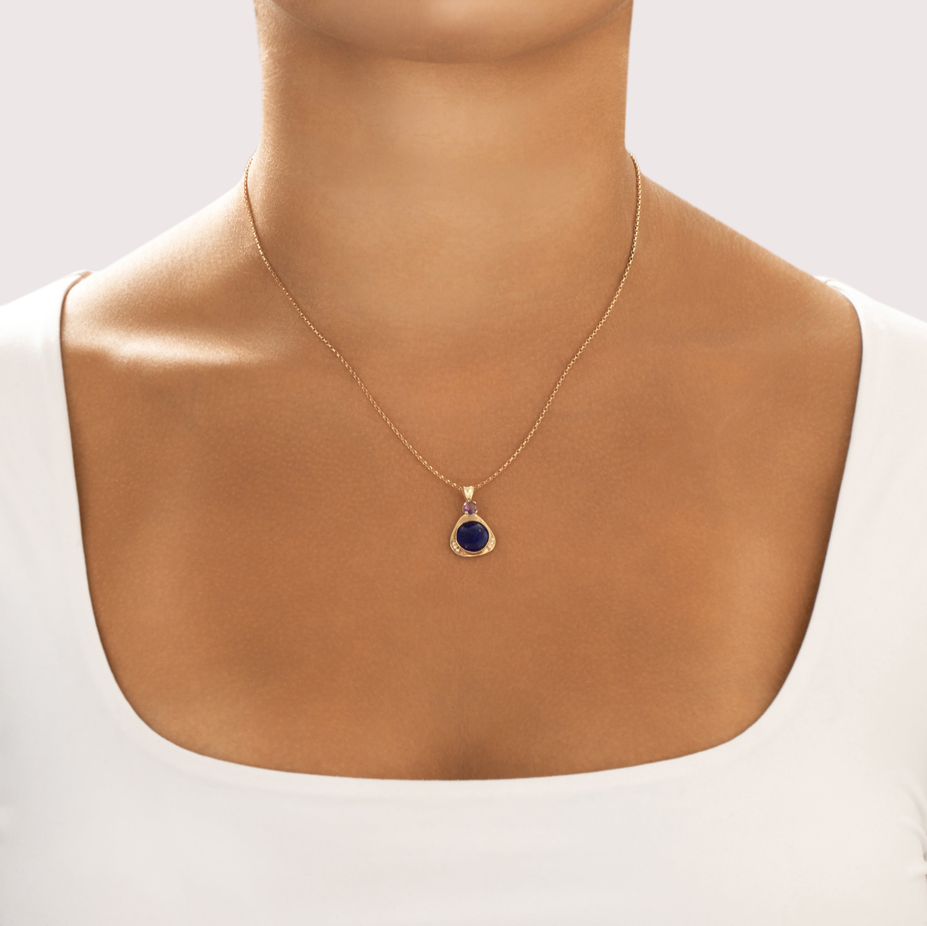 Vintage 14k Yellow & White Gold Lapis Lazuli Amethyst Geometric Duo Pendant
