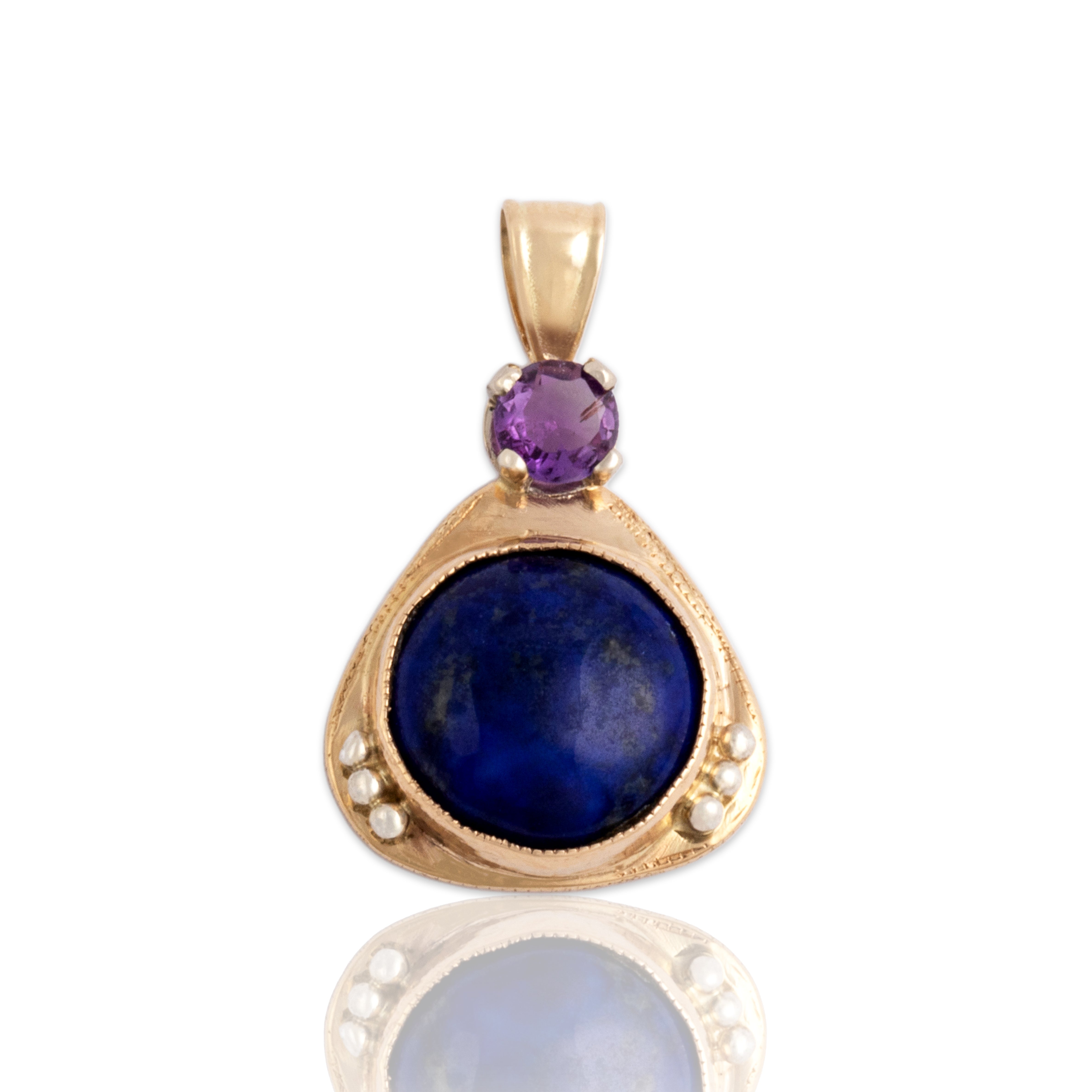 Vintage 14k Yellow & White Gold Lapis Lazuli Amethyst Geometric Duo Pendant - Close-up view