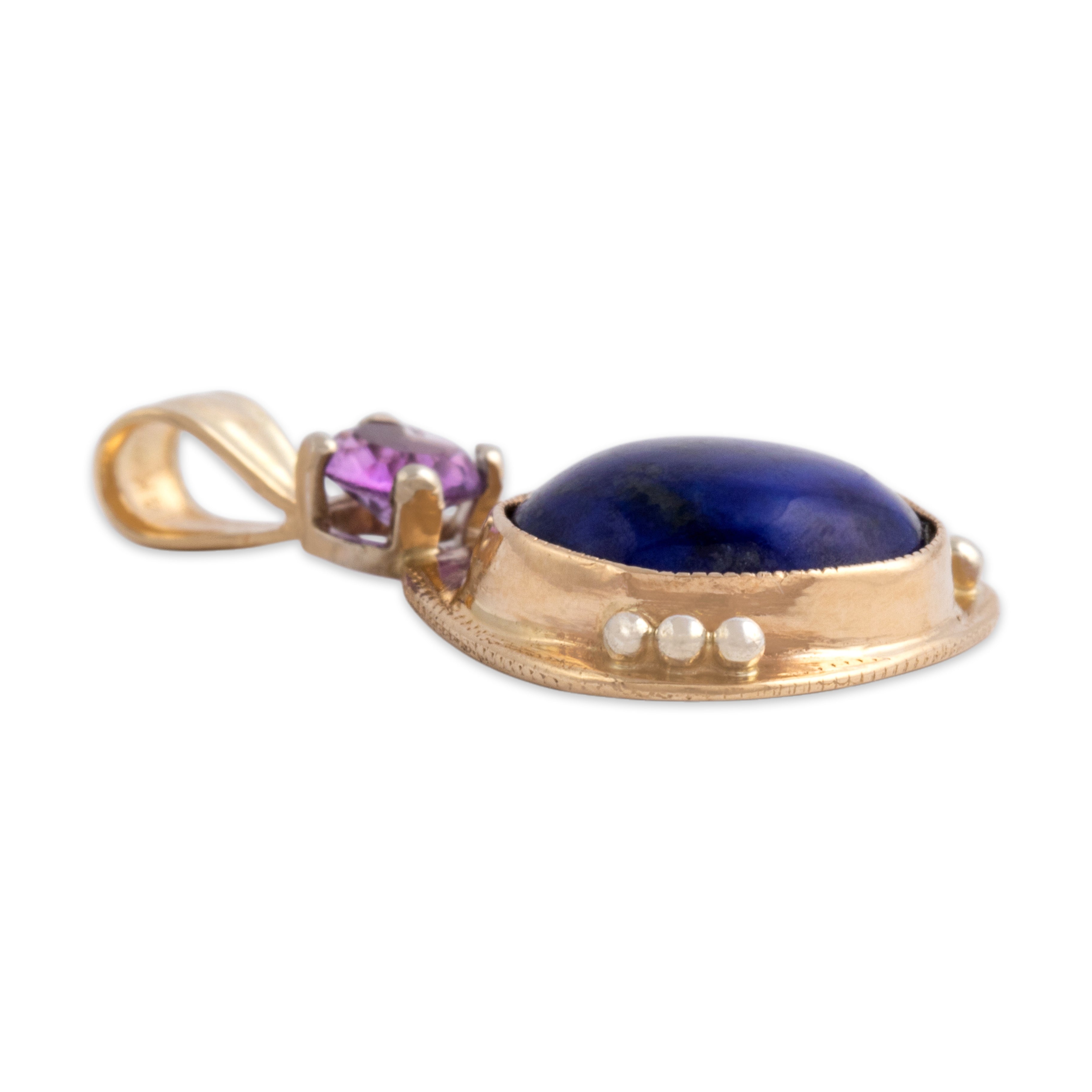 Vintage 14k Yellow & White Gold Lapis Lazuli Amethyst Geometric Duo Pendant - Side view