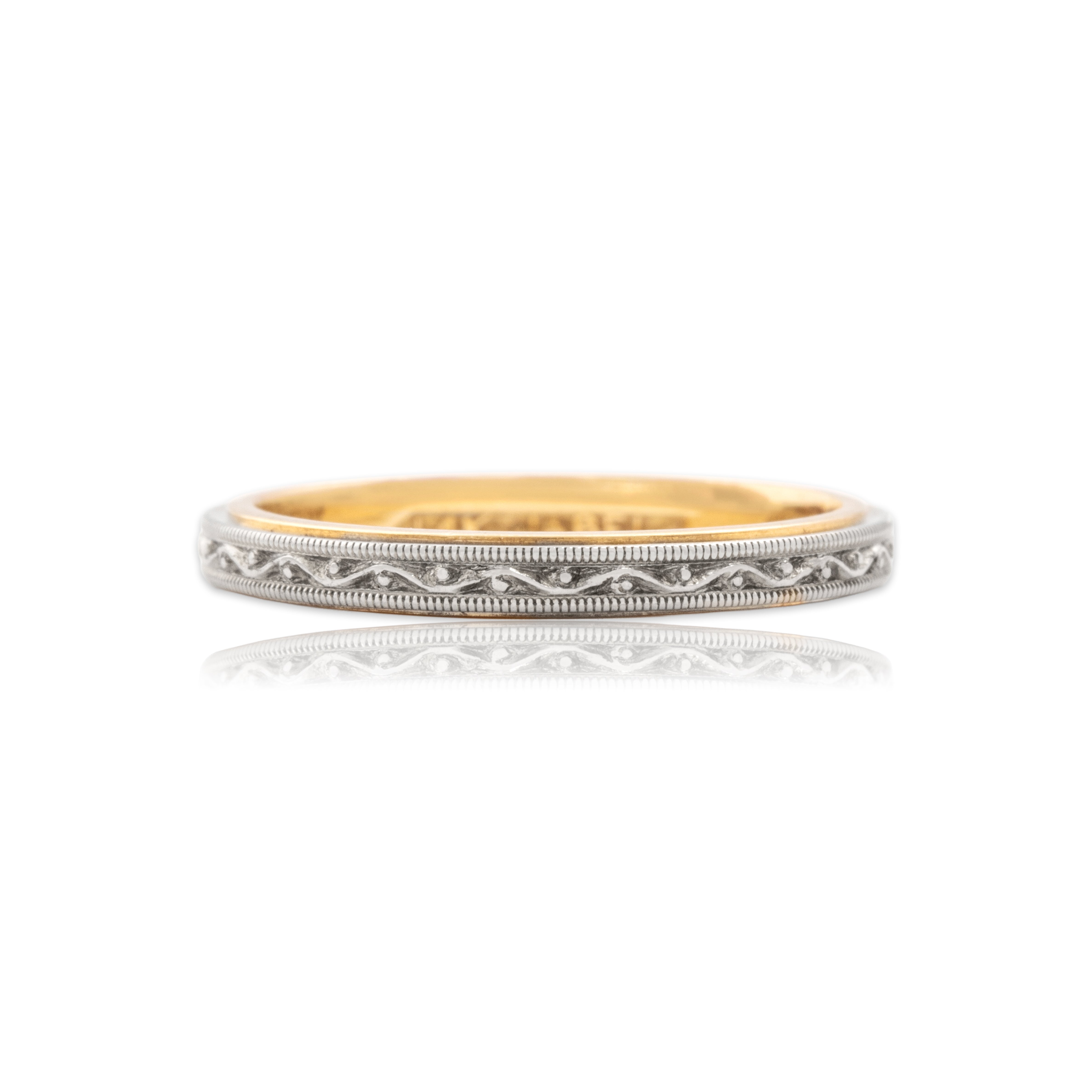 Vintage 14k Yellow & White Gold Elegant Milgrain Scroll Eternity Band Ring - Close-up view