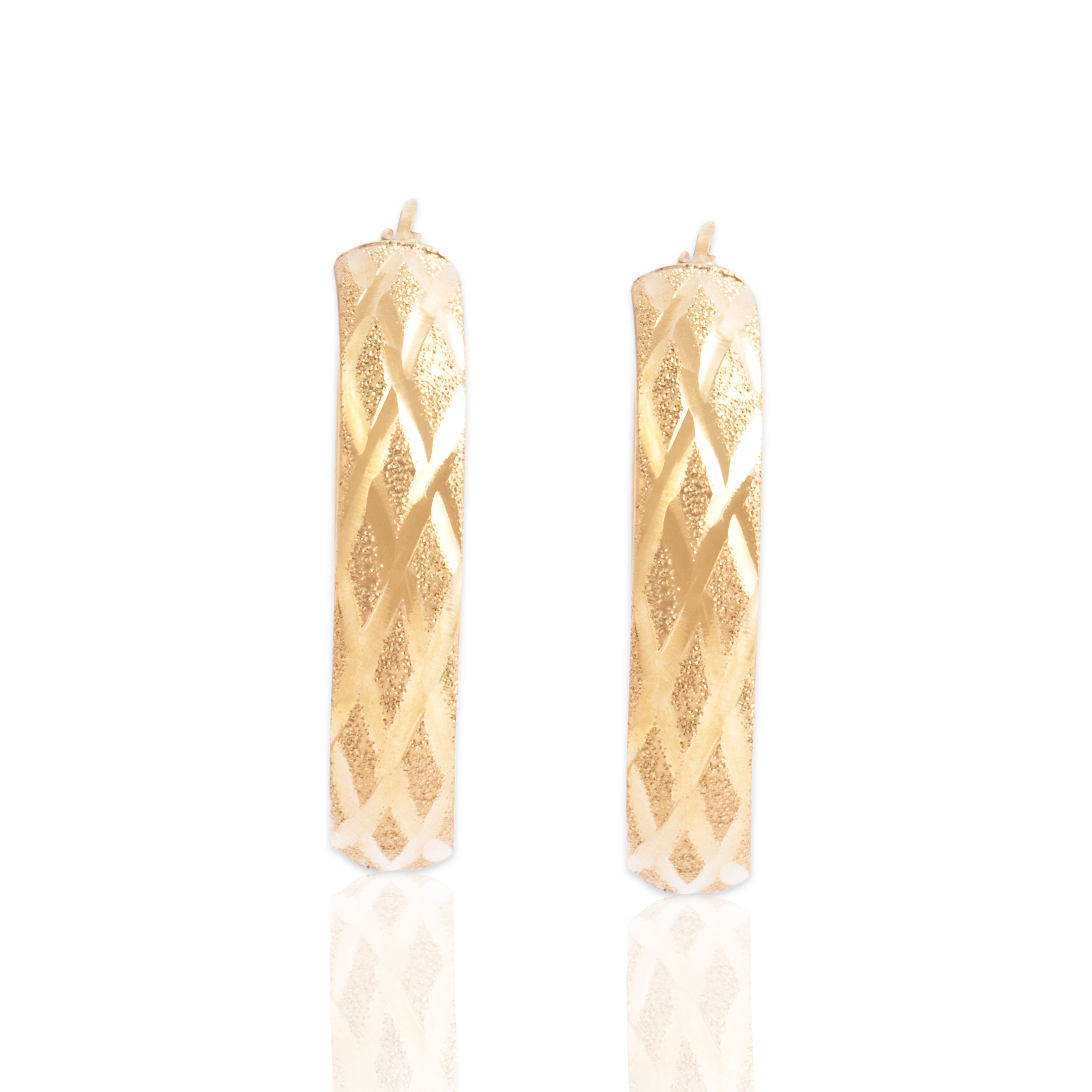 Vintage 14k Yellow Gold Incised Textured Harlequin Pattern Hoop Earrings