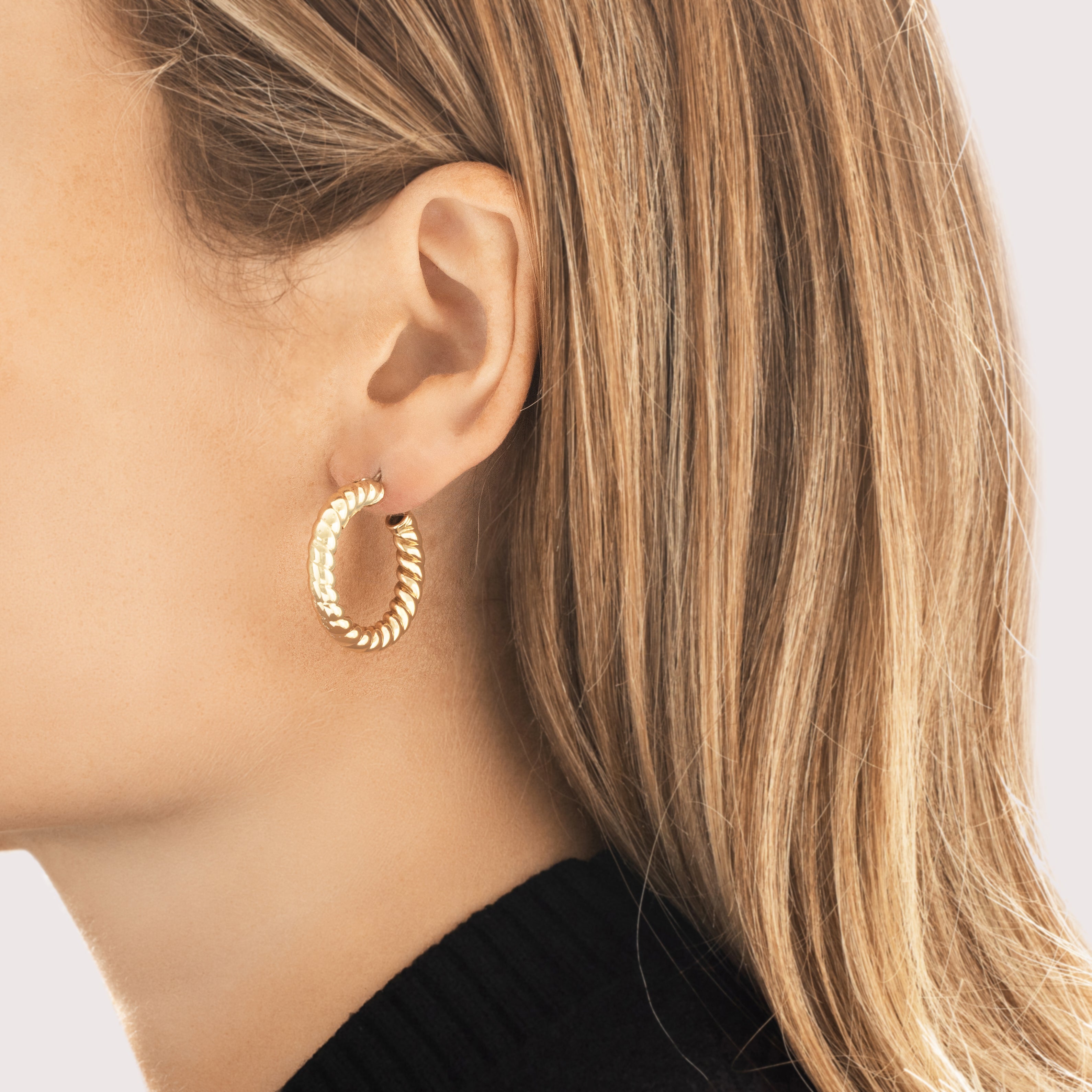 Vintage Italian 14k Yellow Gold Chunky Twisted Hoop Earrings - On model view