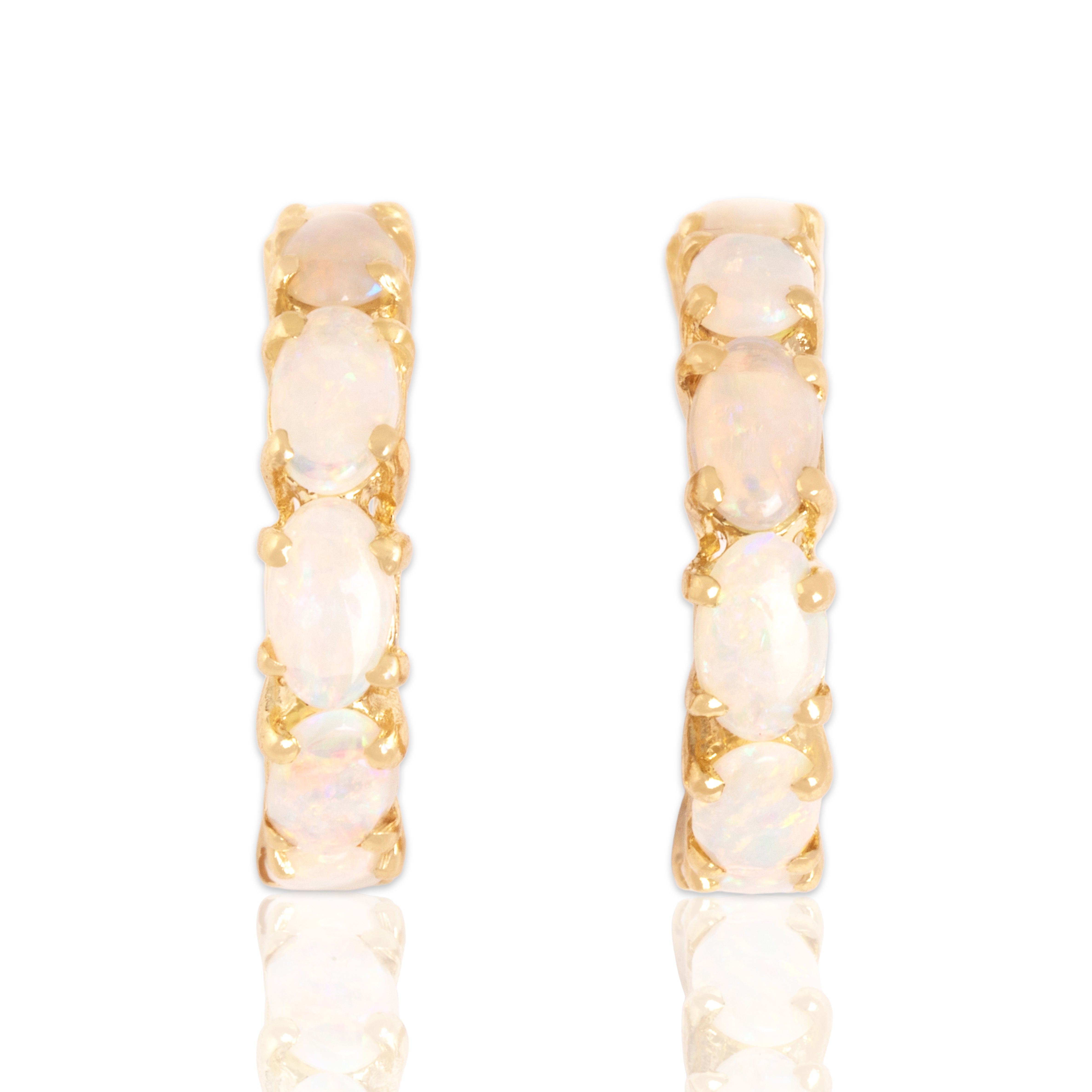 Vintage 14k Yellow Gold 1.08cttw Opal Iridescent Cabochon Stud Hoop Earrings - Close-up view