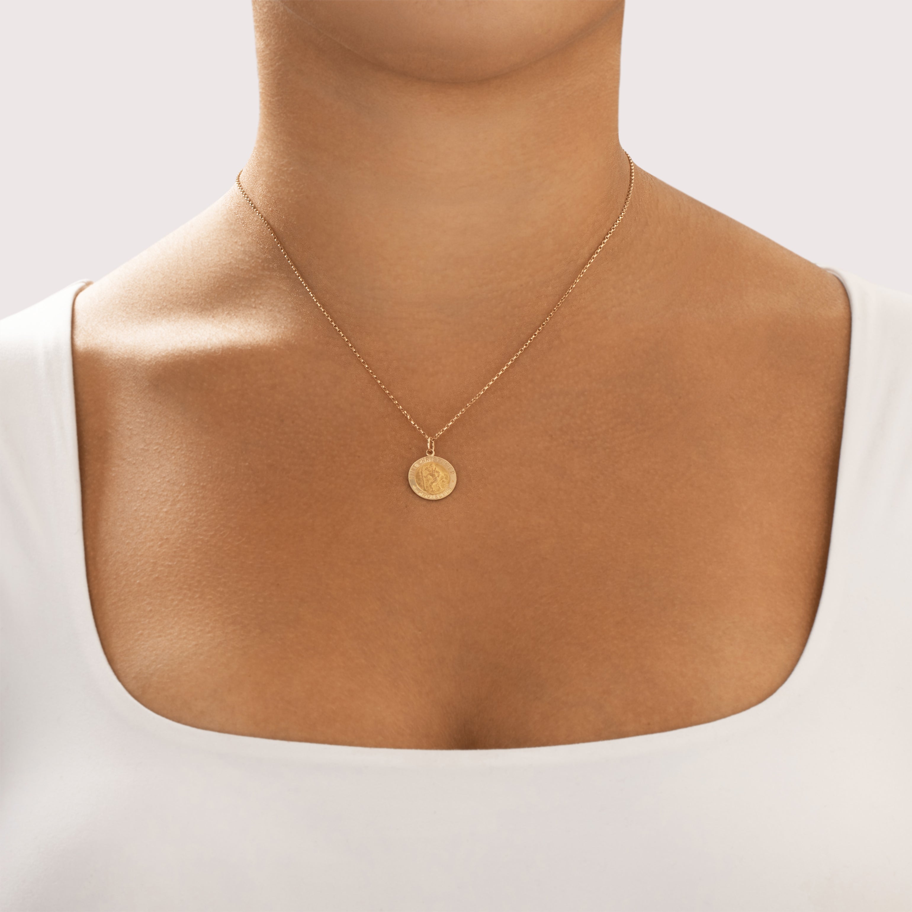 Vintage Small 14k Yellow Gold Saint Christopher Medallion Charm / Pendant - On model view