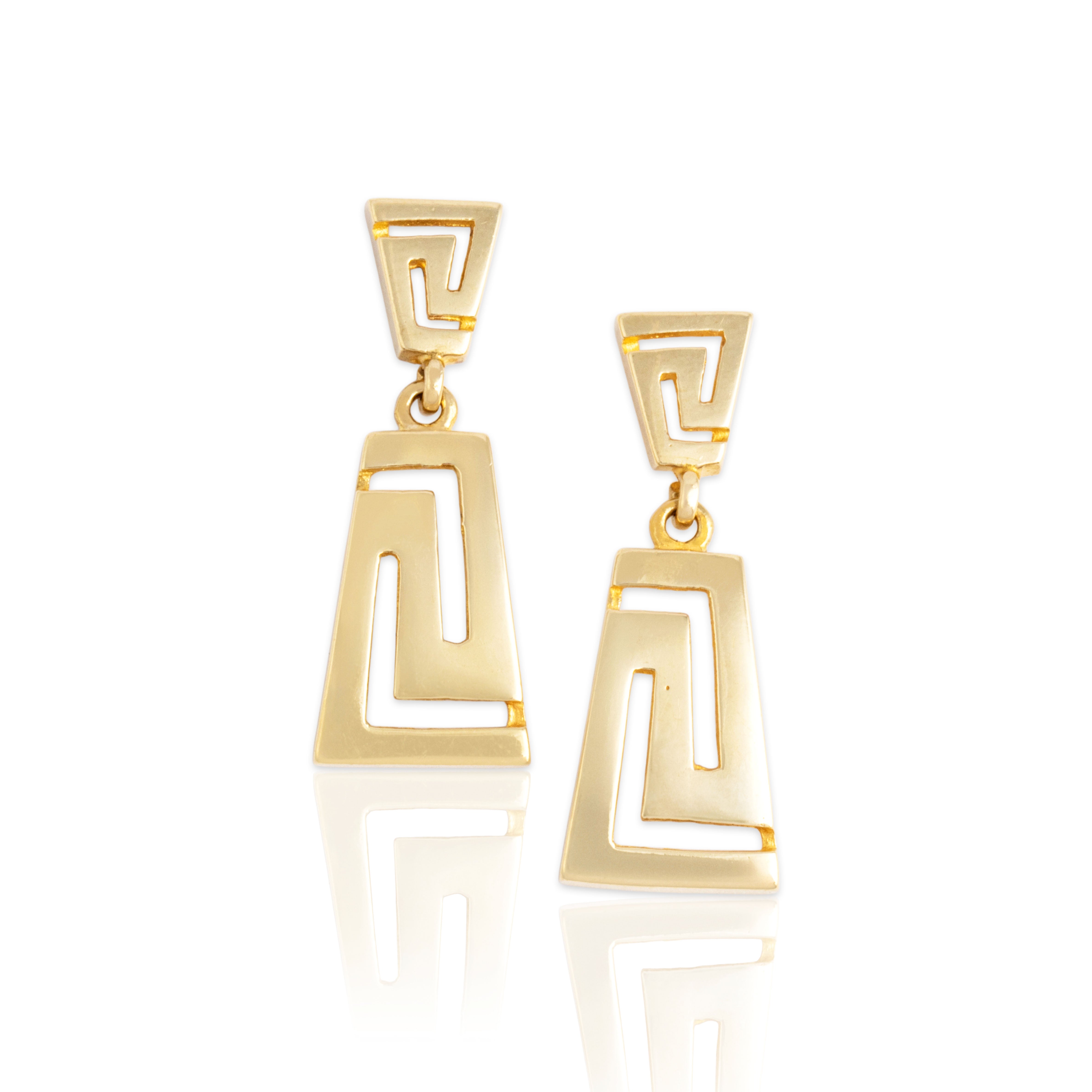 Vintage 14k Yellow Gold Gleaming Greek Key Motif Dangle Earrings