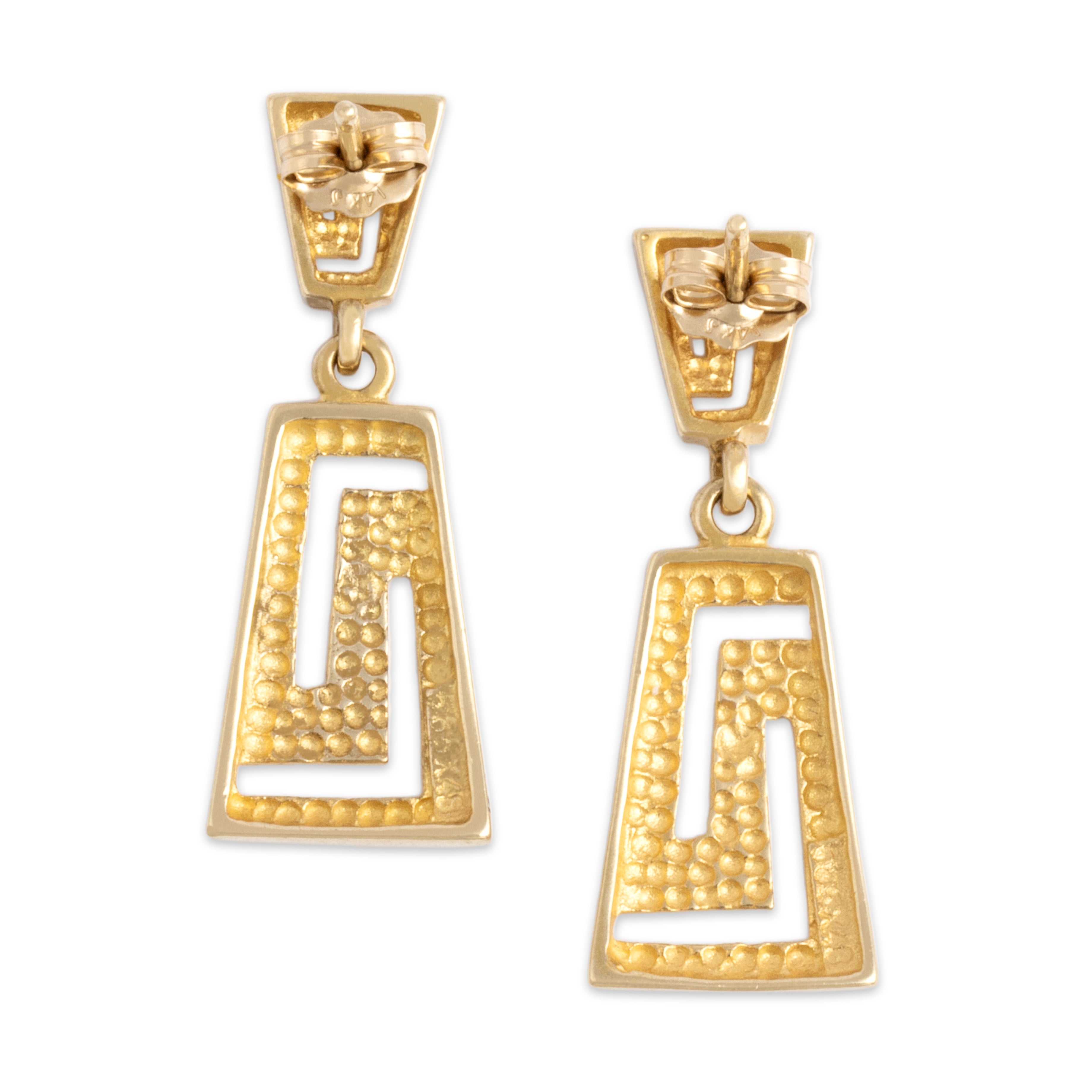 Vintage 14k Yellow Gold Gleaming Greek Key Motif Dangle Earrings - Back view