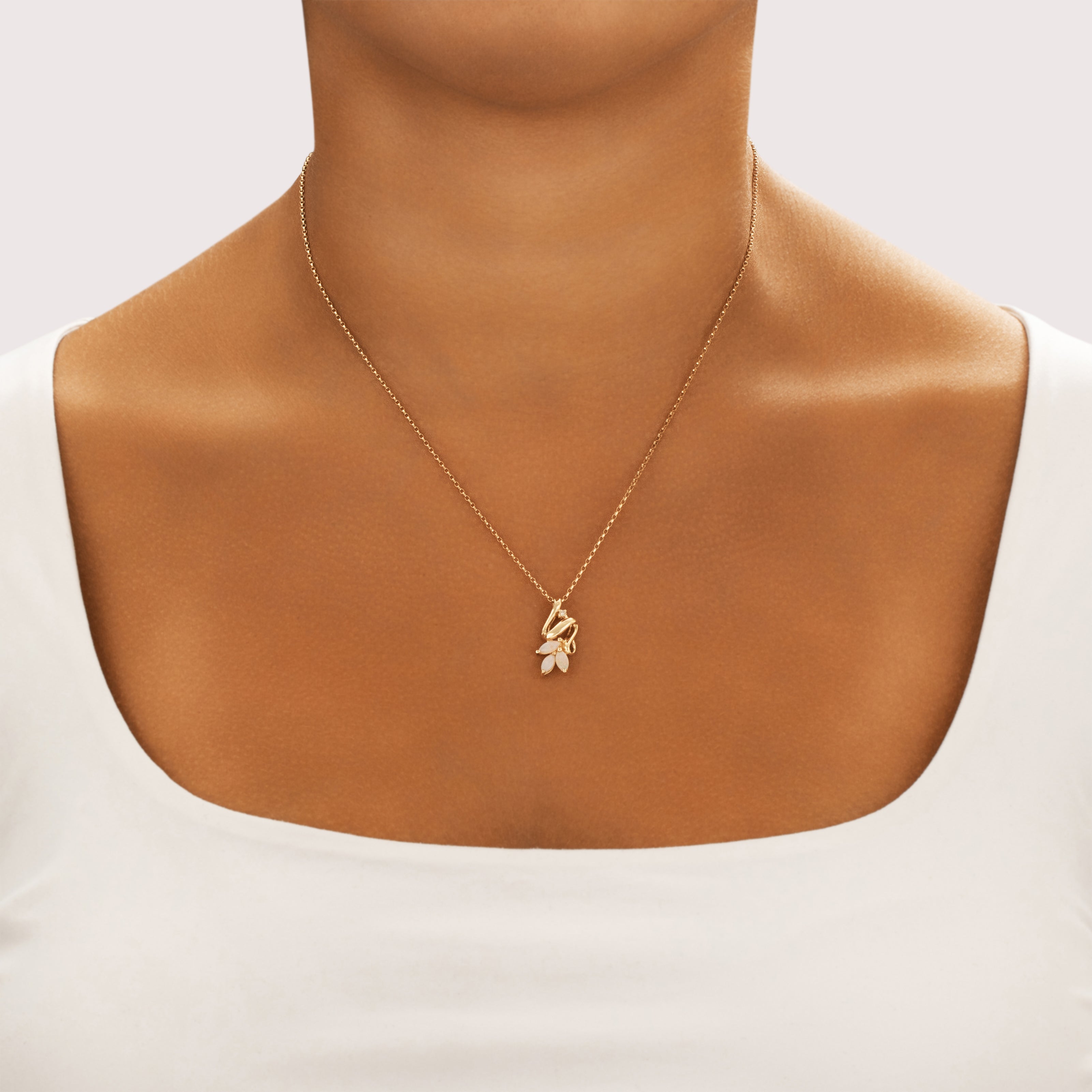 Vintage 14k Yellow Gold Opal Diamond Artistic Swoop Marquise Trio Slide Pendant - On model view