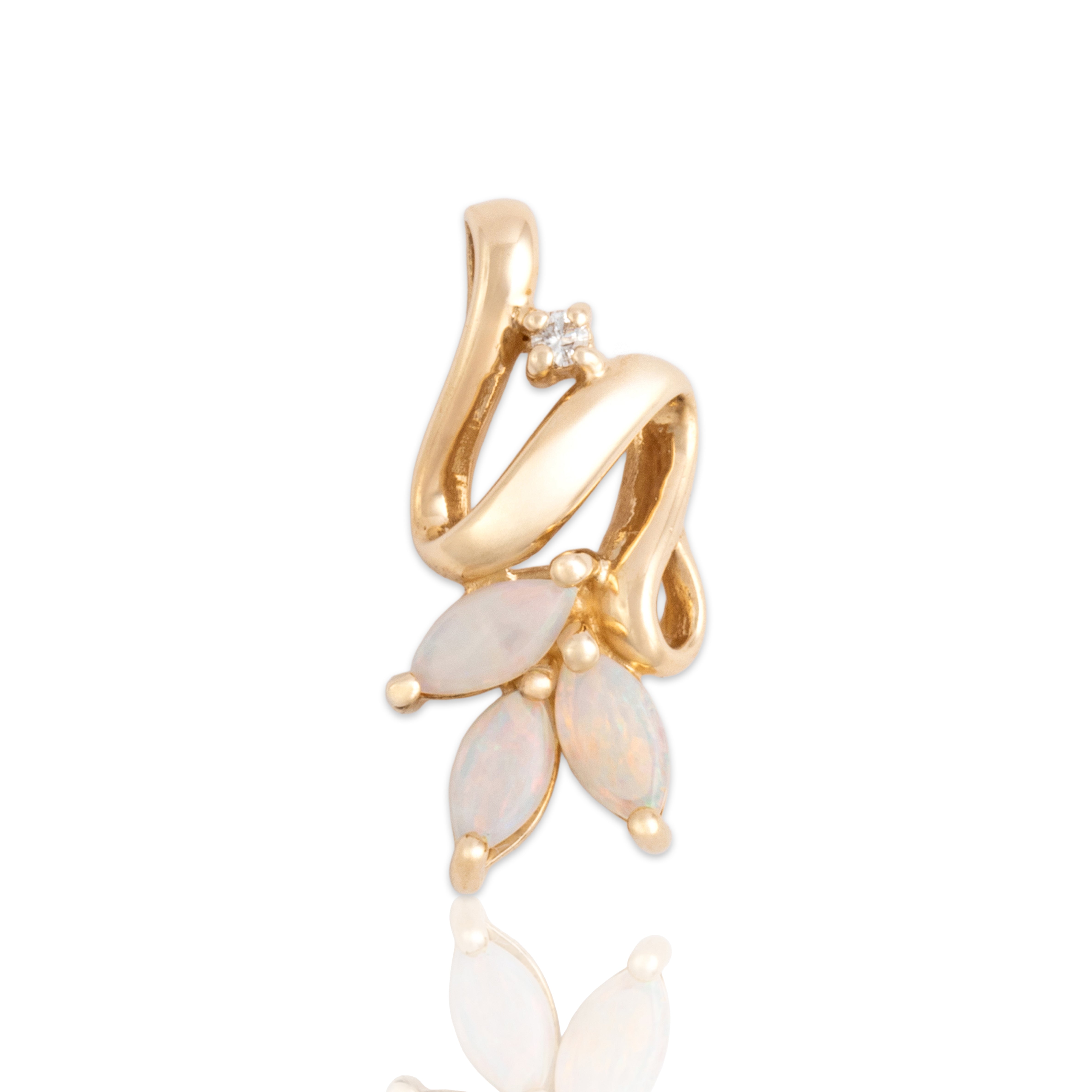 Vintage 14k Yellow Gold Opal Diamond Artistic Swoop Marquise Trio Slide Pendant - Close-up view