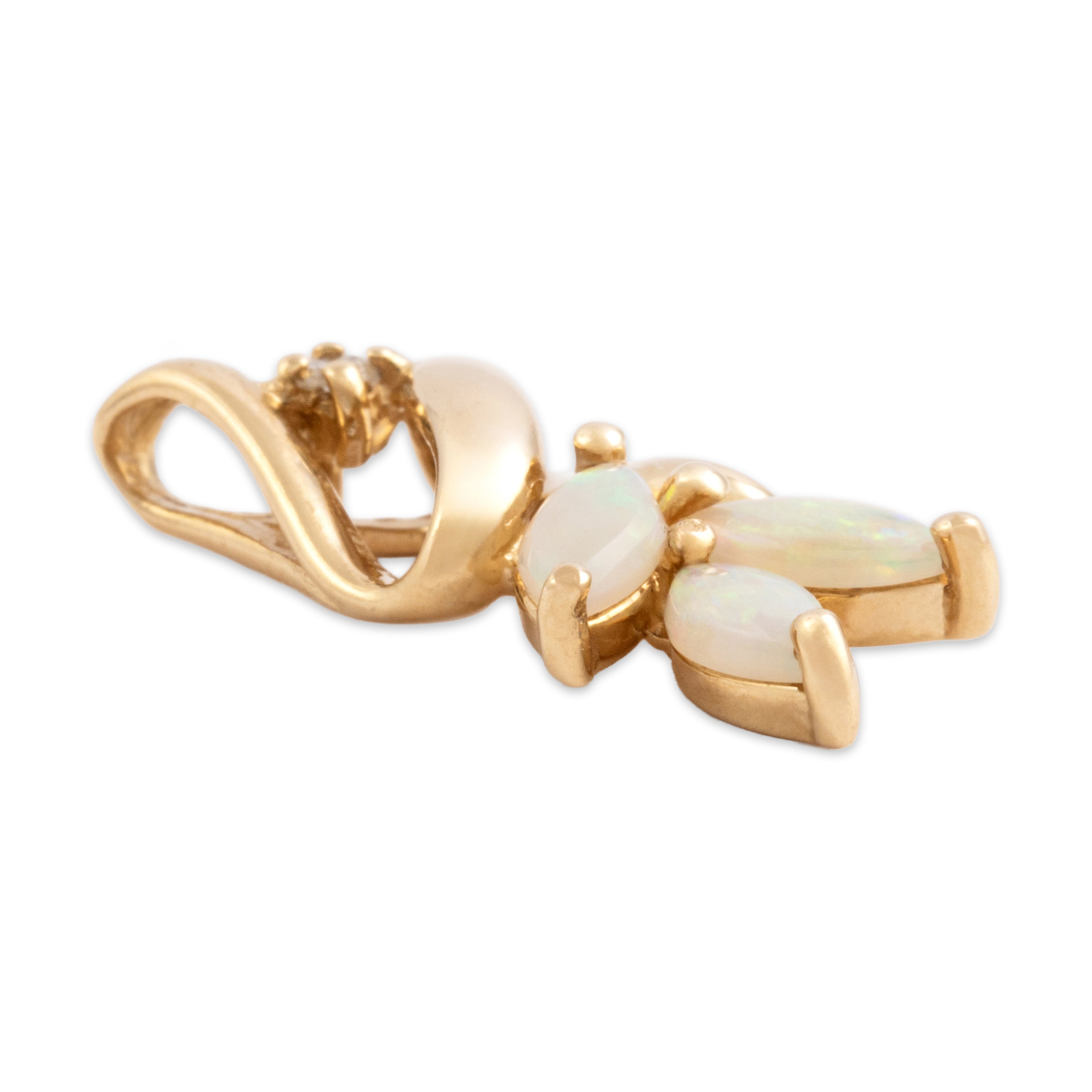 Vintage 14k Yellow Gold Opal Diamond Artistic Swoop Marquise Trio Slide Pendant - Side view