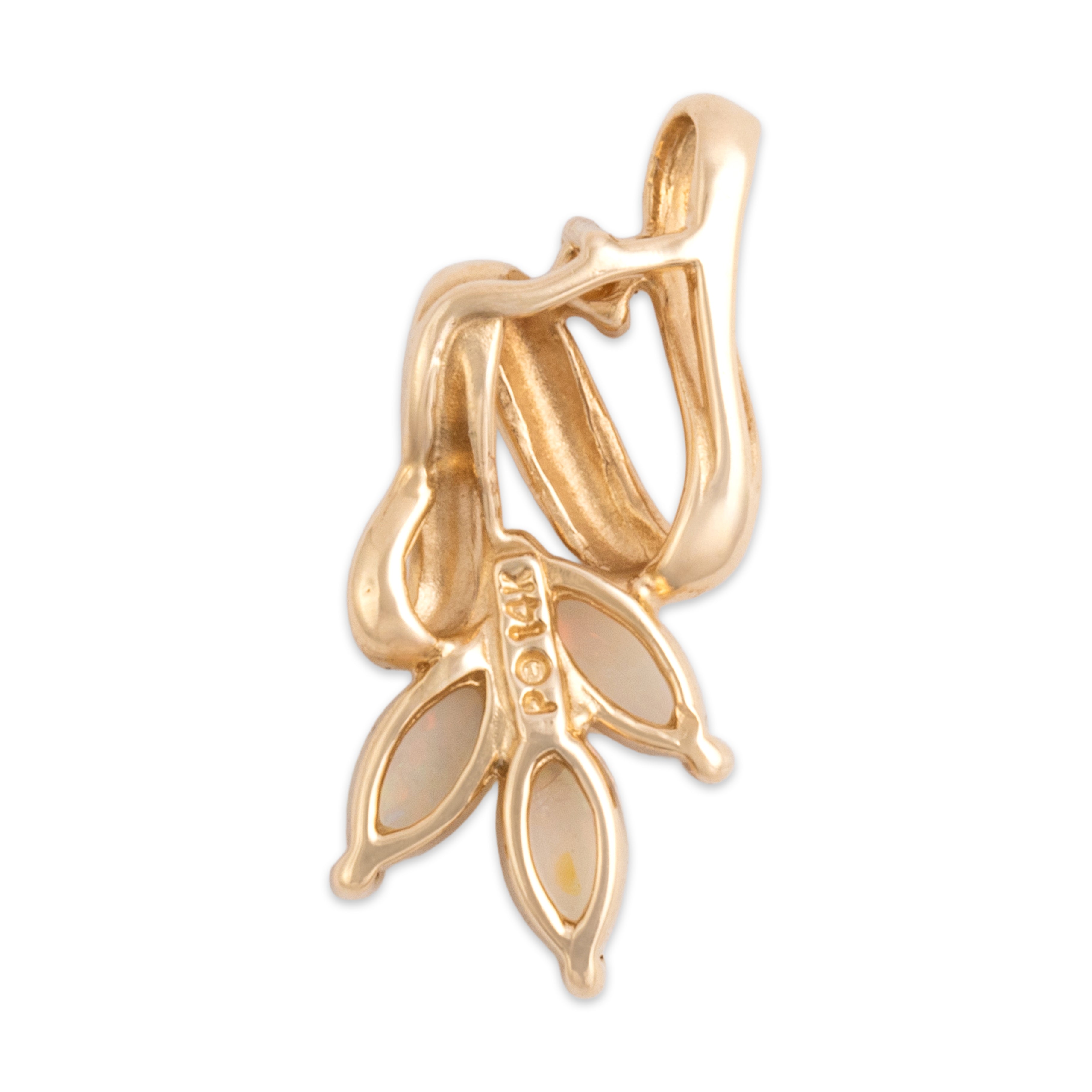 Vintage 14k Yellow Gold Opal Diamond Artistic Swoop Marquise Trio Slide Pendant - Back view