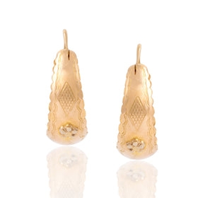Vintage Lightweight 18k Rosy Yellow Gold Floral Decorated Hoop Earrings