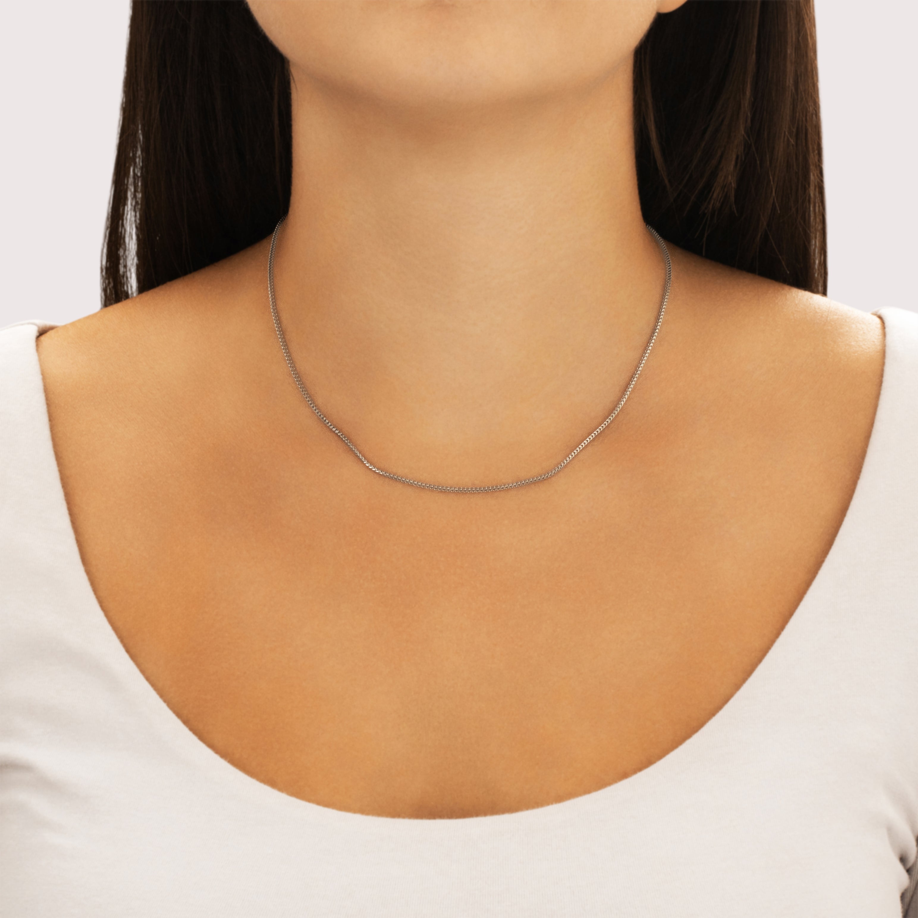 Vintage Italian 18k White Gold 1.2mm Dimensional Squared Link Chain - On model view