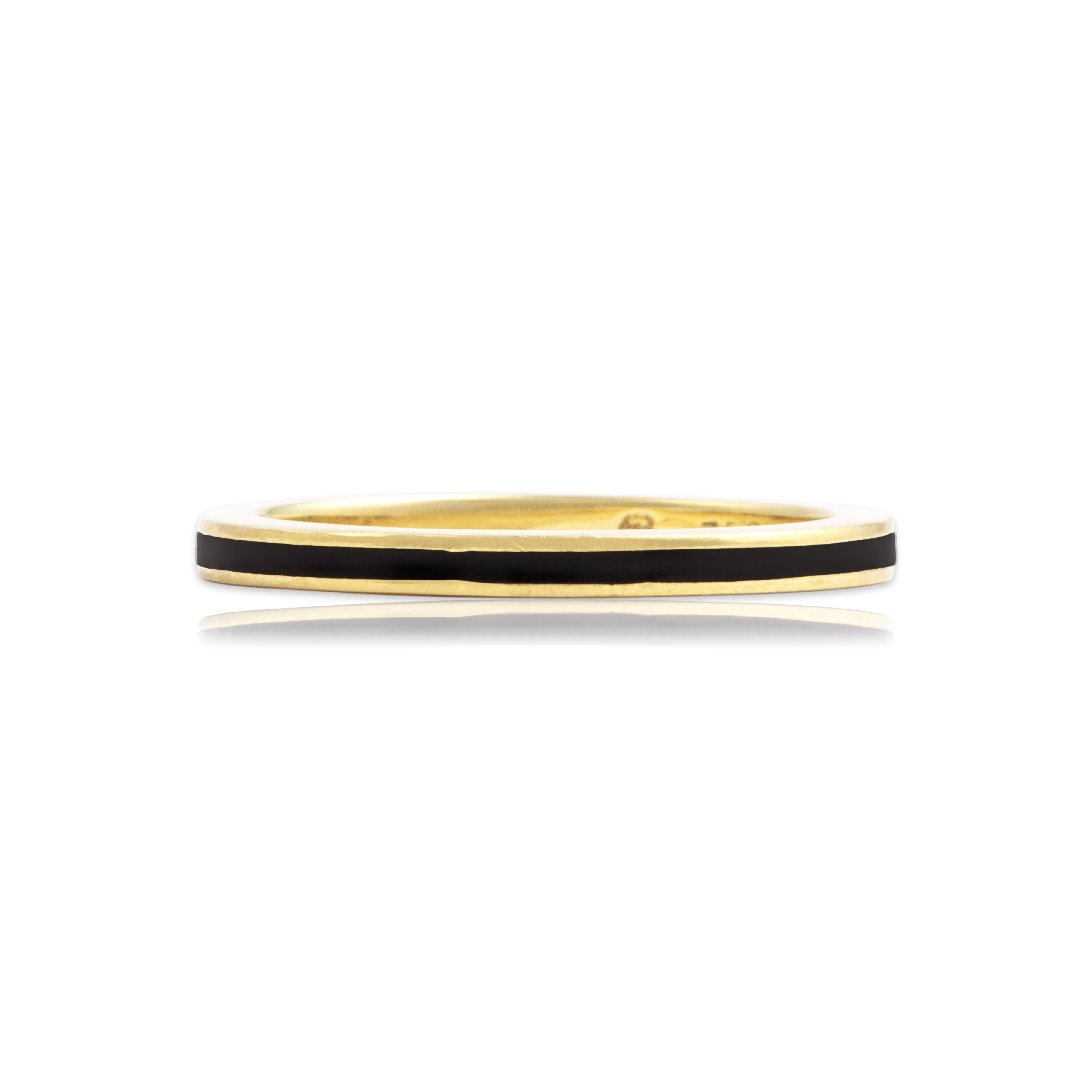Vintage 18k Yellow Gold Somber Black Enamel Stripe Band Ring - Close-up view