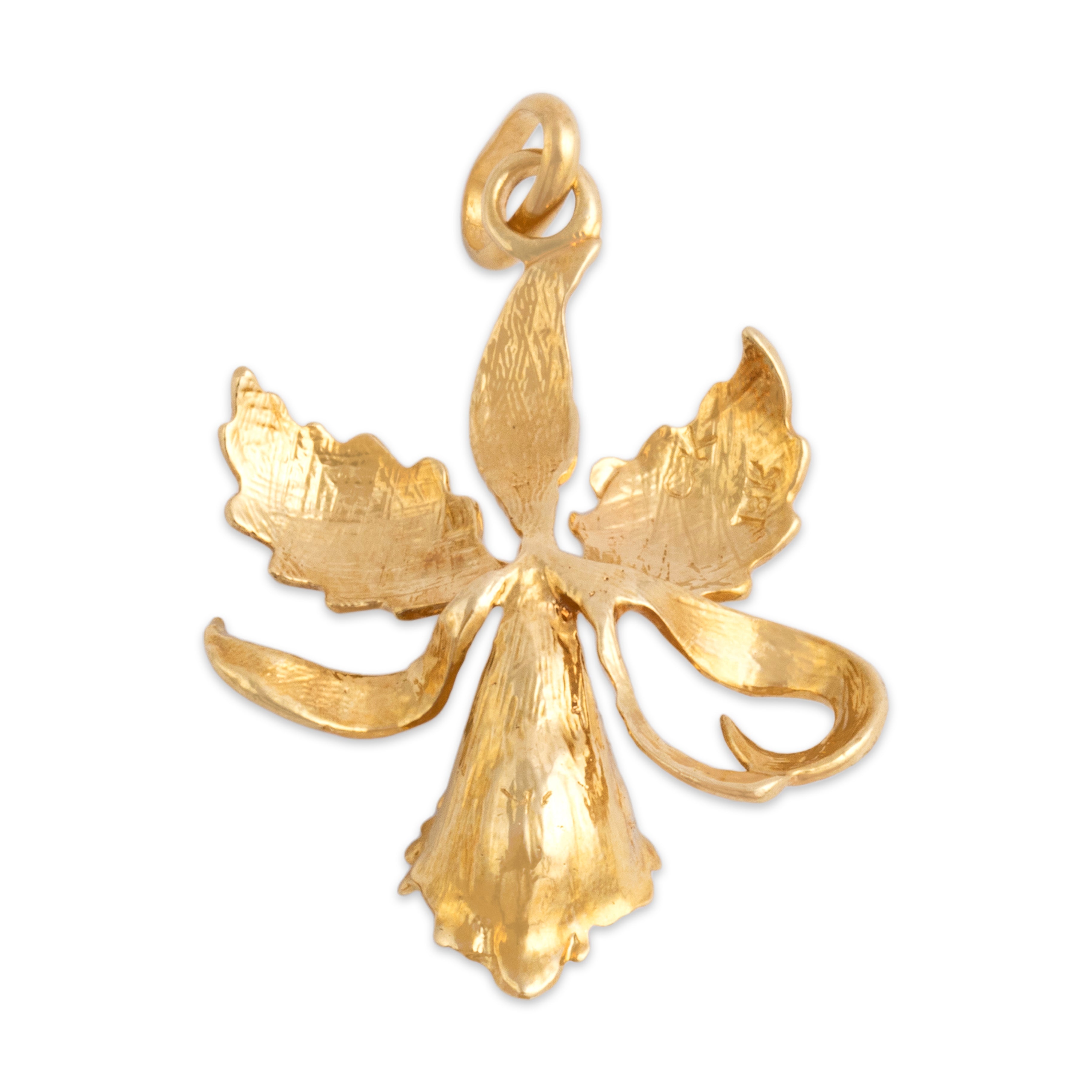 Vintage 18k Yellow Gold Emerald Heart Detail Blooming Iris Pendant - Back view