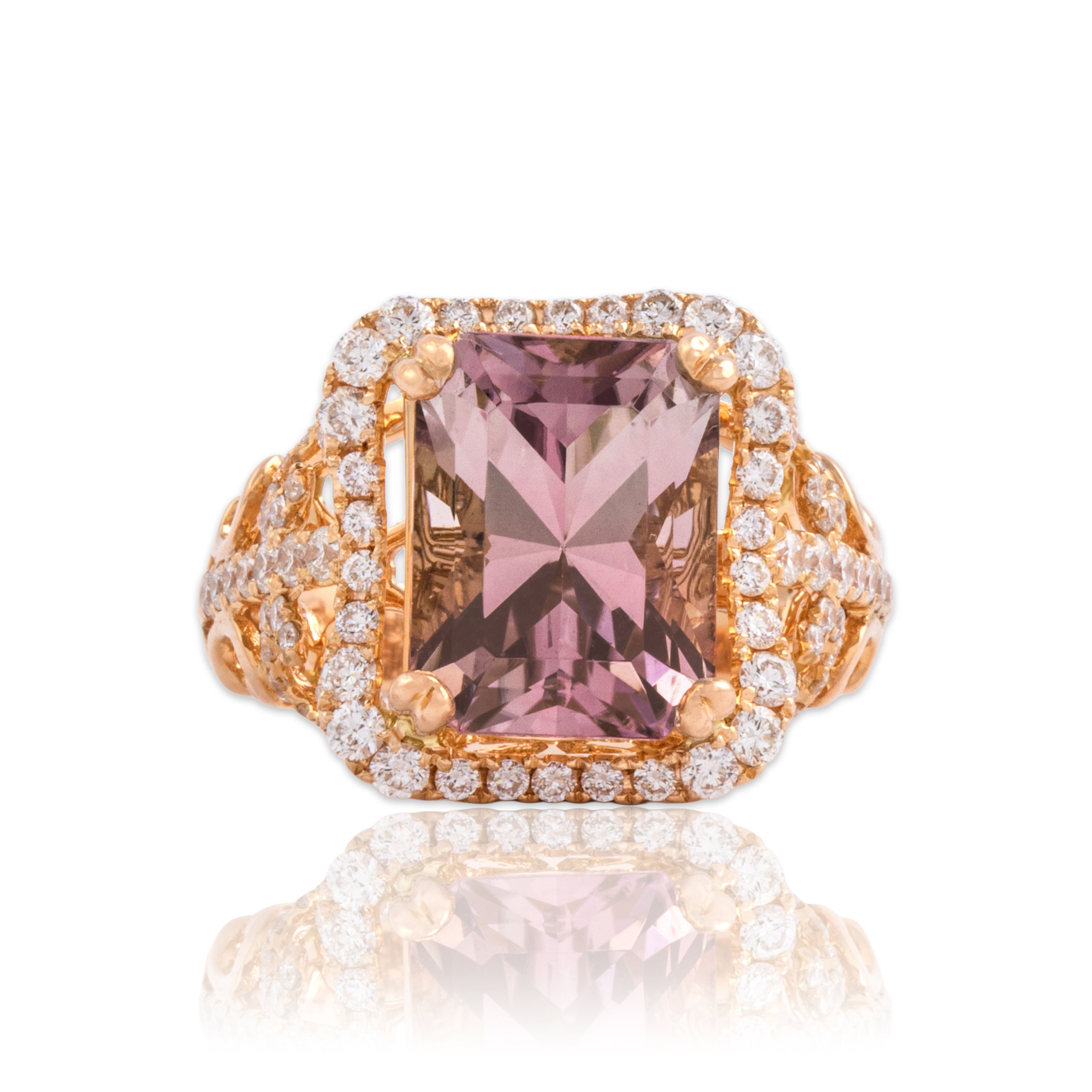 Estate 18k Rose Gold 5.66ct Pink Tourmaline .92cttw Diamond Cocktail Ring 6.50