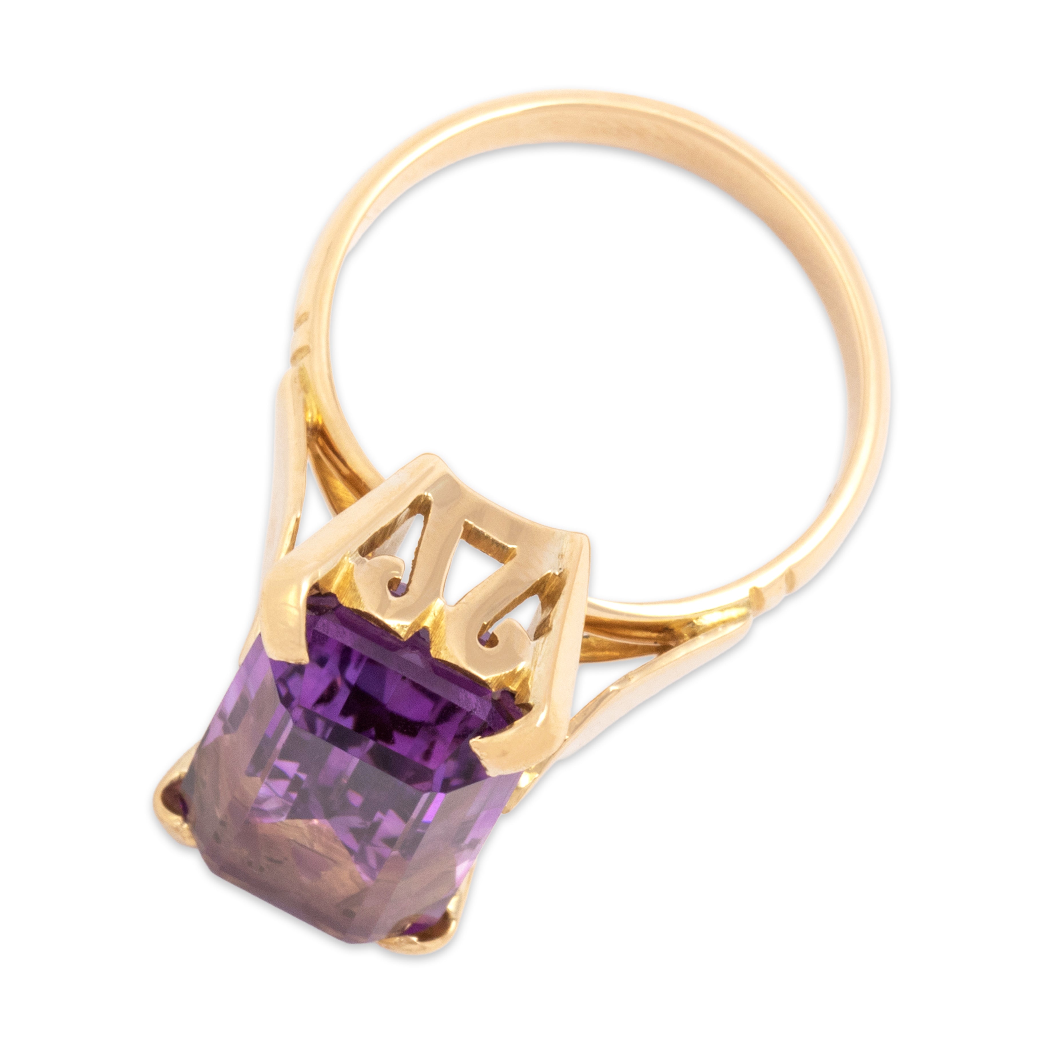 Vintage 14k Yellow Gold 7.4ct Amethyst Bold Elongated Recangular Cocktail Ring - Overall view