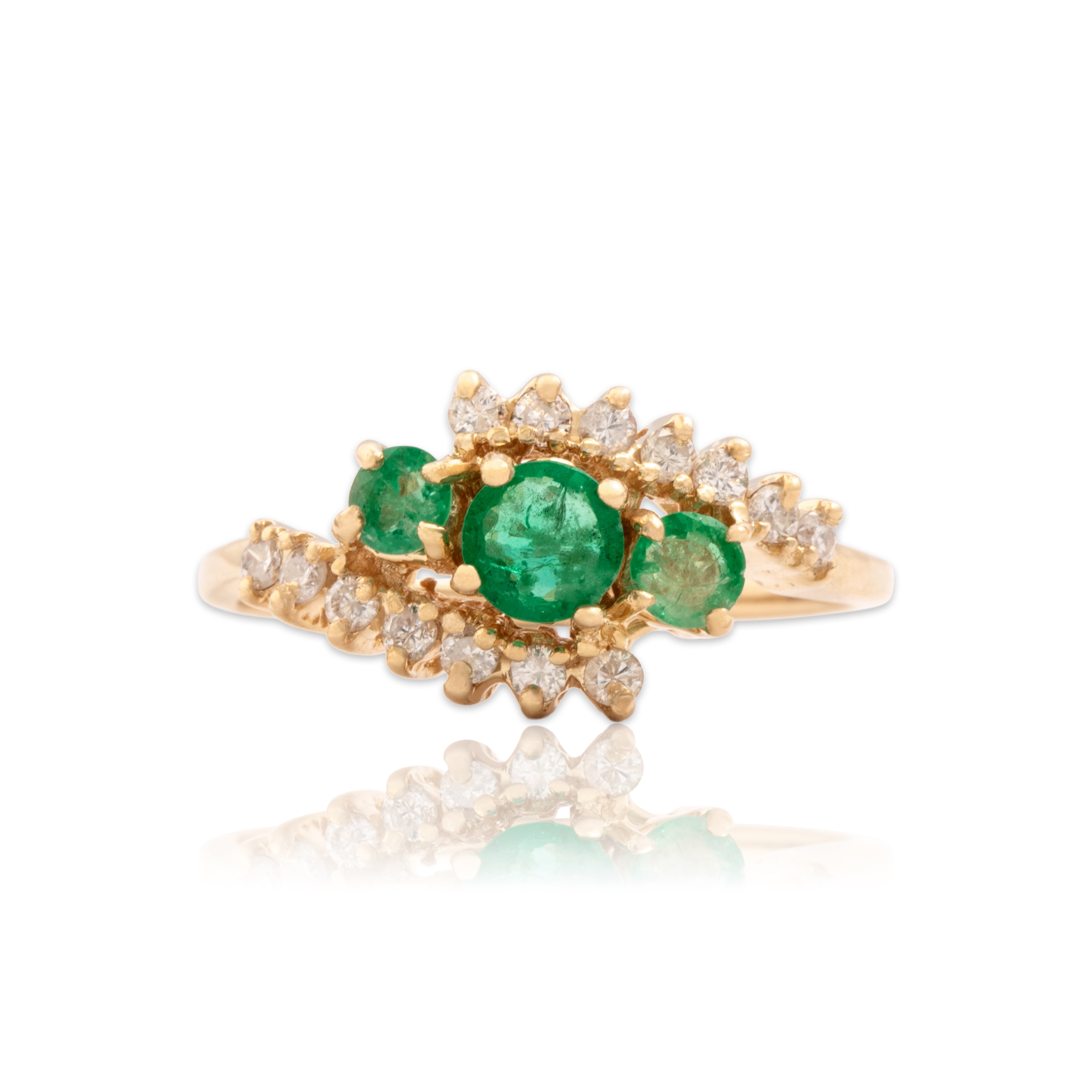 Vintage 14k Yellow Gold Emerald Diamond Bright Trio Bypass Ring 8.00